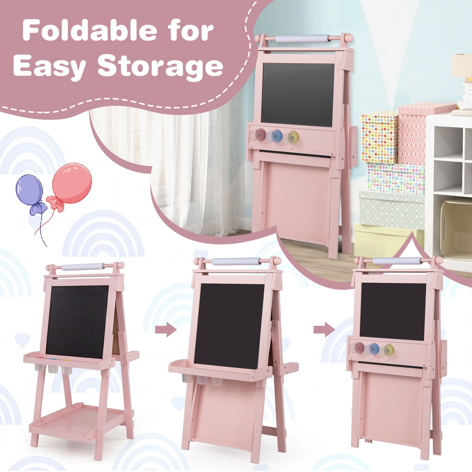 3-in-1 Wooden Kids Art Easel Double-Sided Magnetic Whiteboard Chalkboard Paper Roll Storage Trays Ages 3 and Up Pink