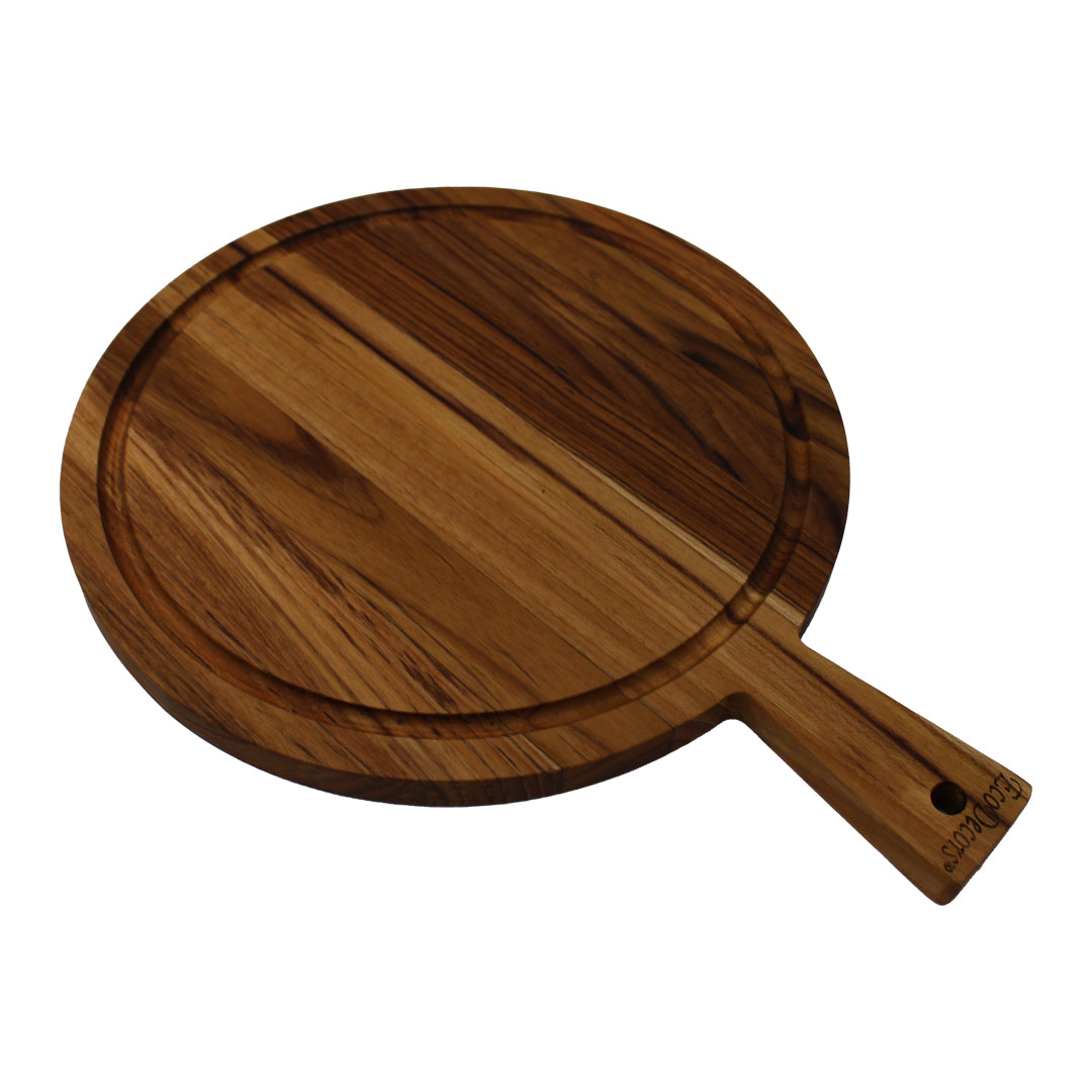 EcoDecors 16" Round Teak Cutting Board with Handle - FSC-Certified Solid Wood with Juice Groove