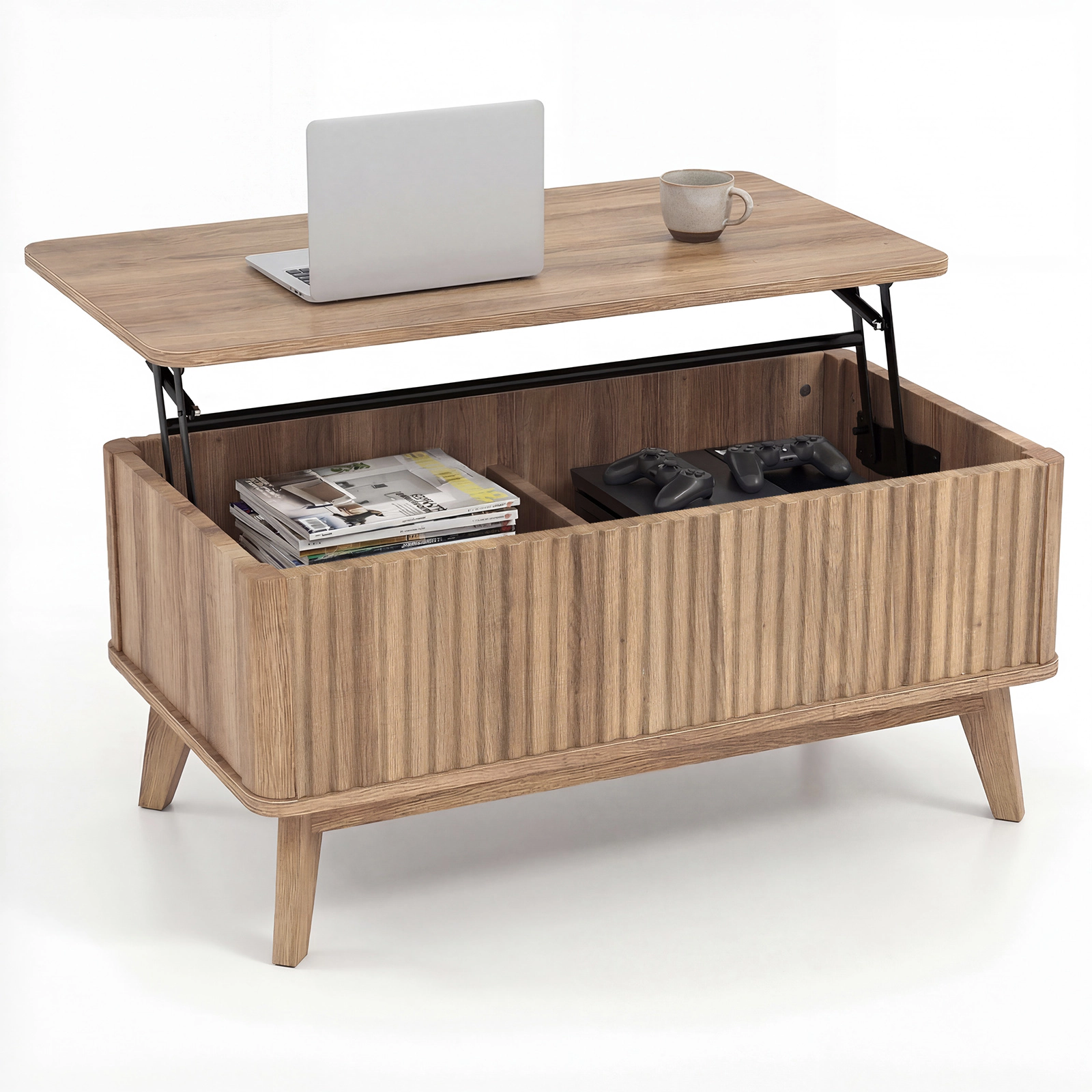 Glintex 35.5-Inch Fluted Lift-Top Coffee Table with Divided Hidden Storage, Walnut