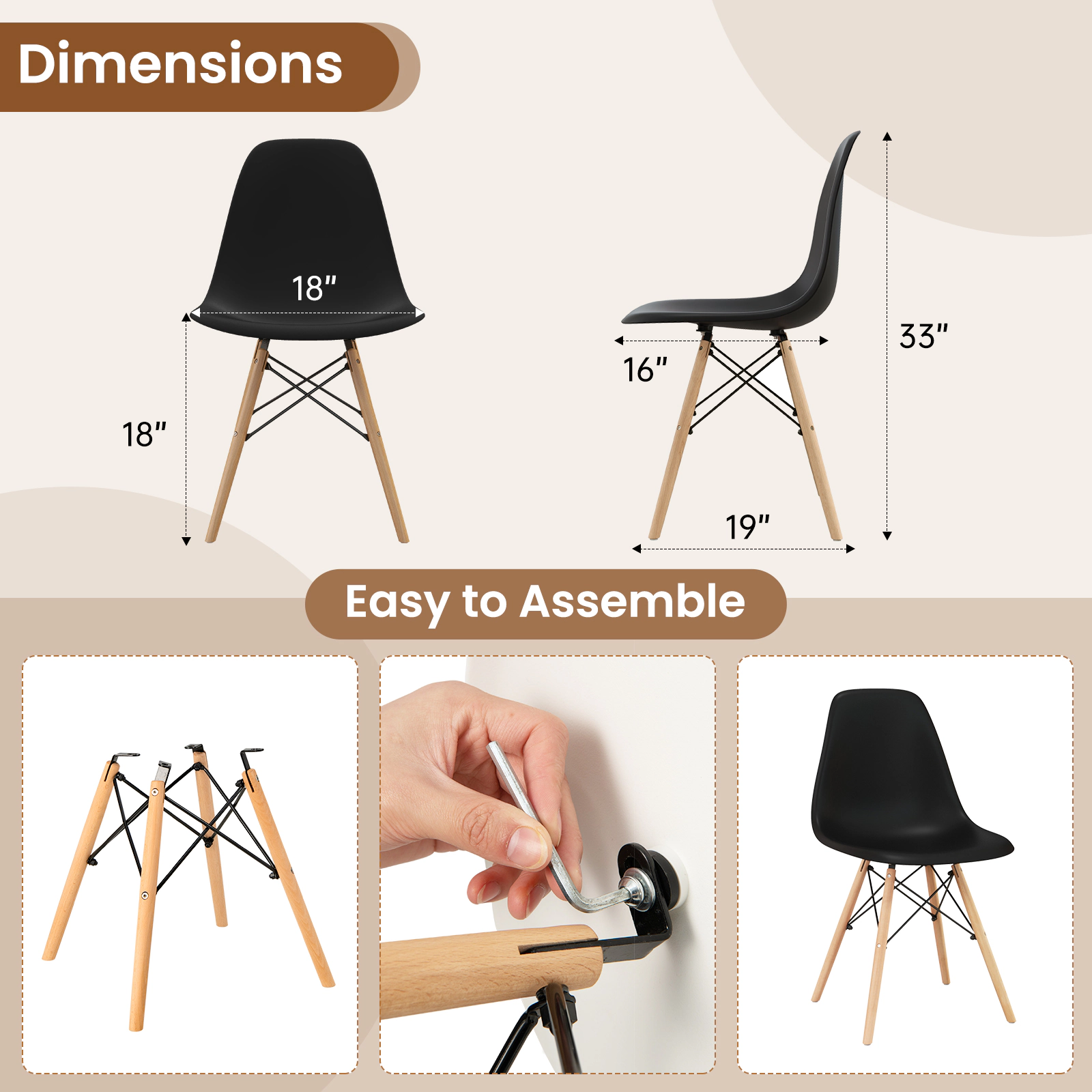 SUGIFT Beech Wood Legs Set of 4 Modern Armless Dining Chairs Molded Plastic Seats