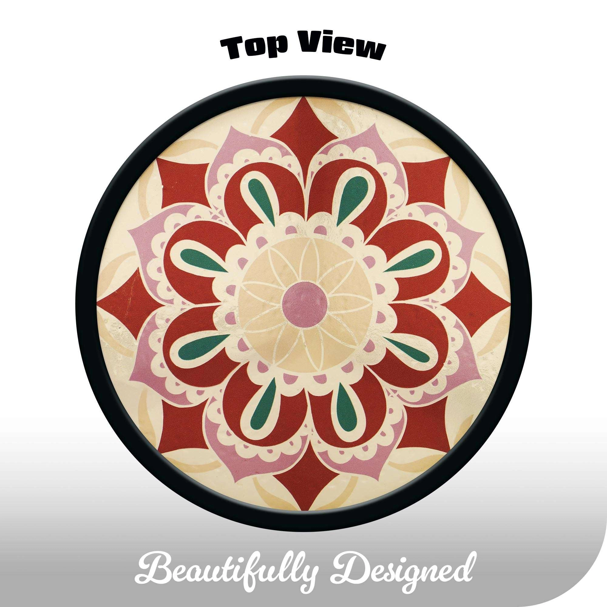 G128 12 in Round Glass Outdoor Side Table Purple Mandala Pattern, Foldable Metal Plant Stand