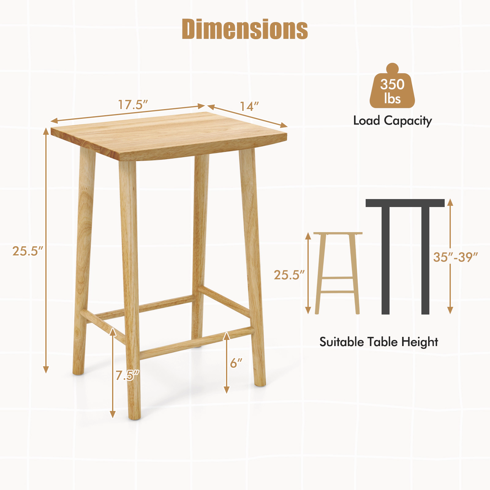 SUGIFT Solid Rubber Wood Counter Height Bar Stools Set of 2 with Footrest 350-lb Capacity Natural