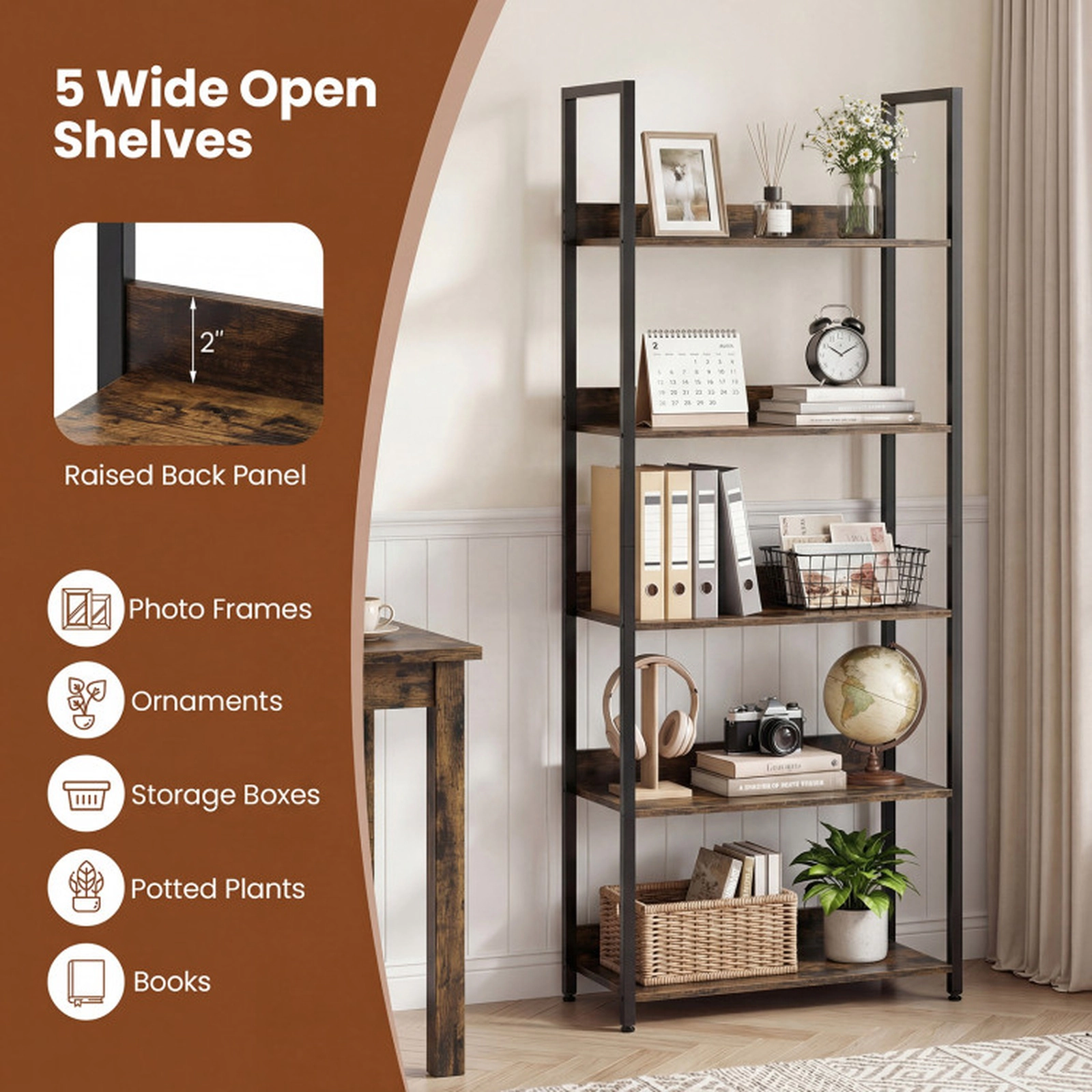 SUGIFT Rustic Brown 5-Tier Tall Bookshelf 61 in with Raised Back Panels