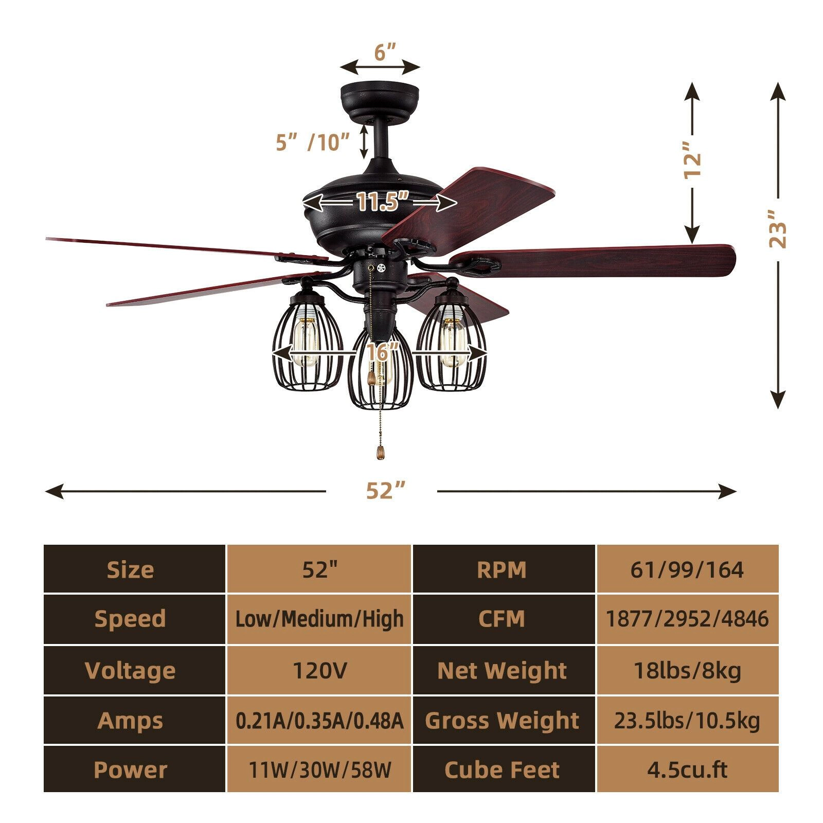 SlickBlue 52 Inch Black Ceiling Fan, 3-Speed, Reversible Motor