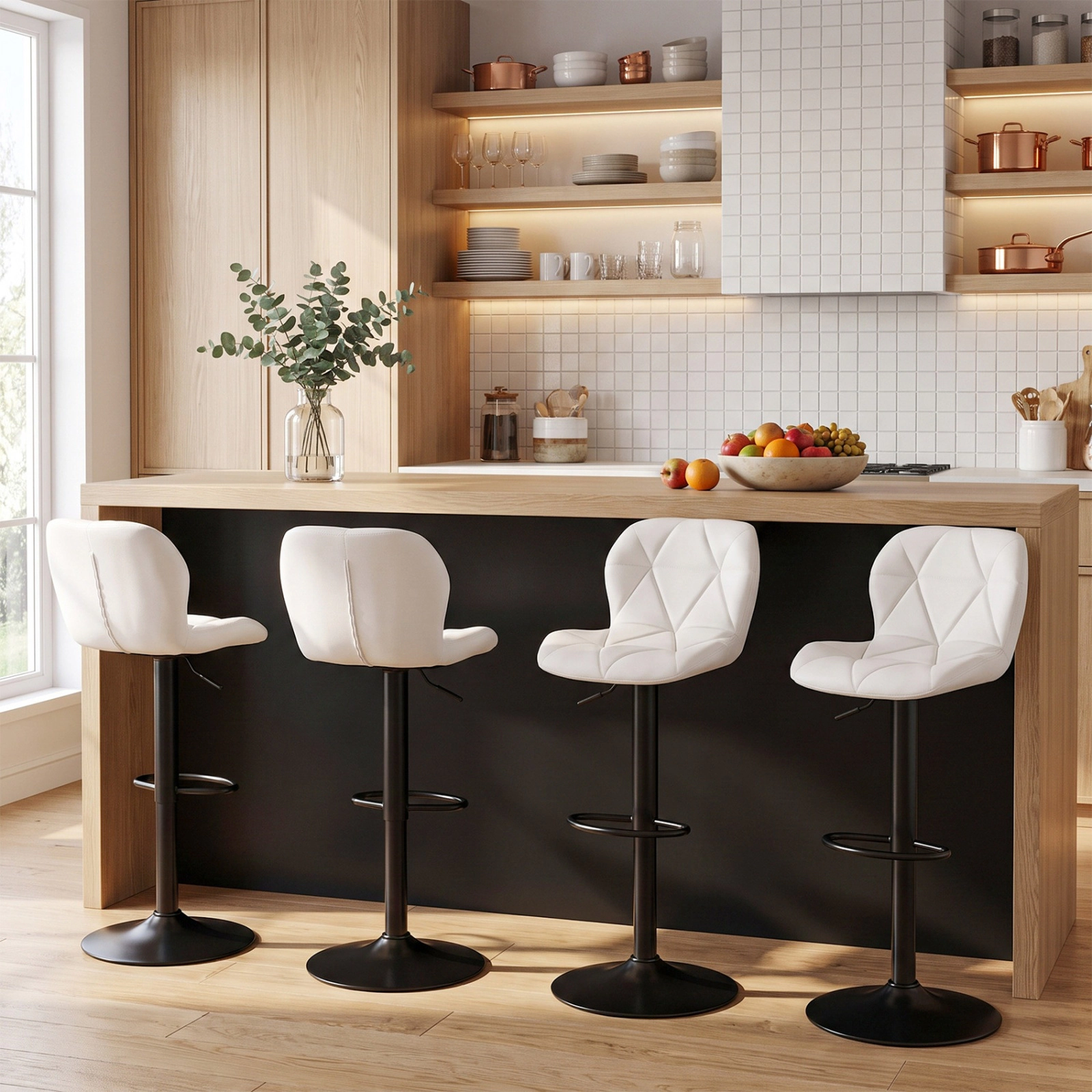 SUGIFT Set of 4 White Adjustable Swivel Bar Stools, PU Leather, Curved Back