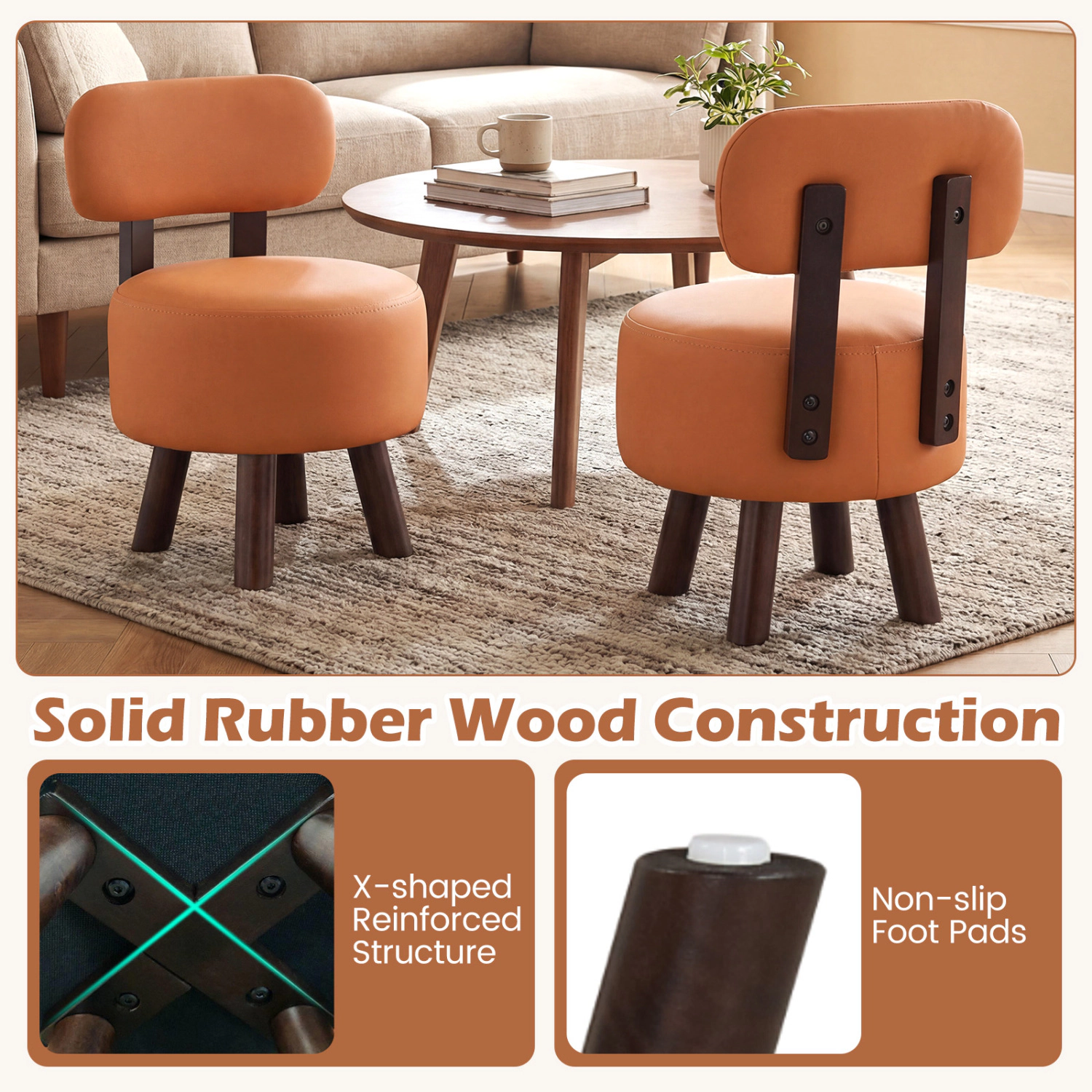 Glintex 2-Piece Round Footstool Set with Curved Backrests and Stackable Design, Orange