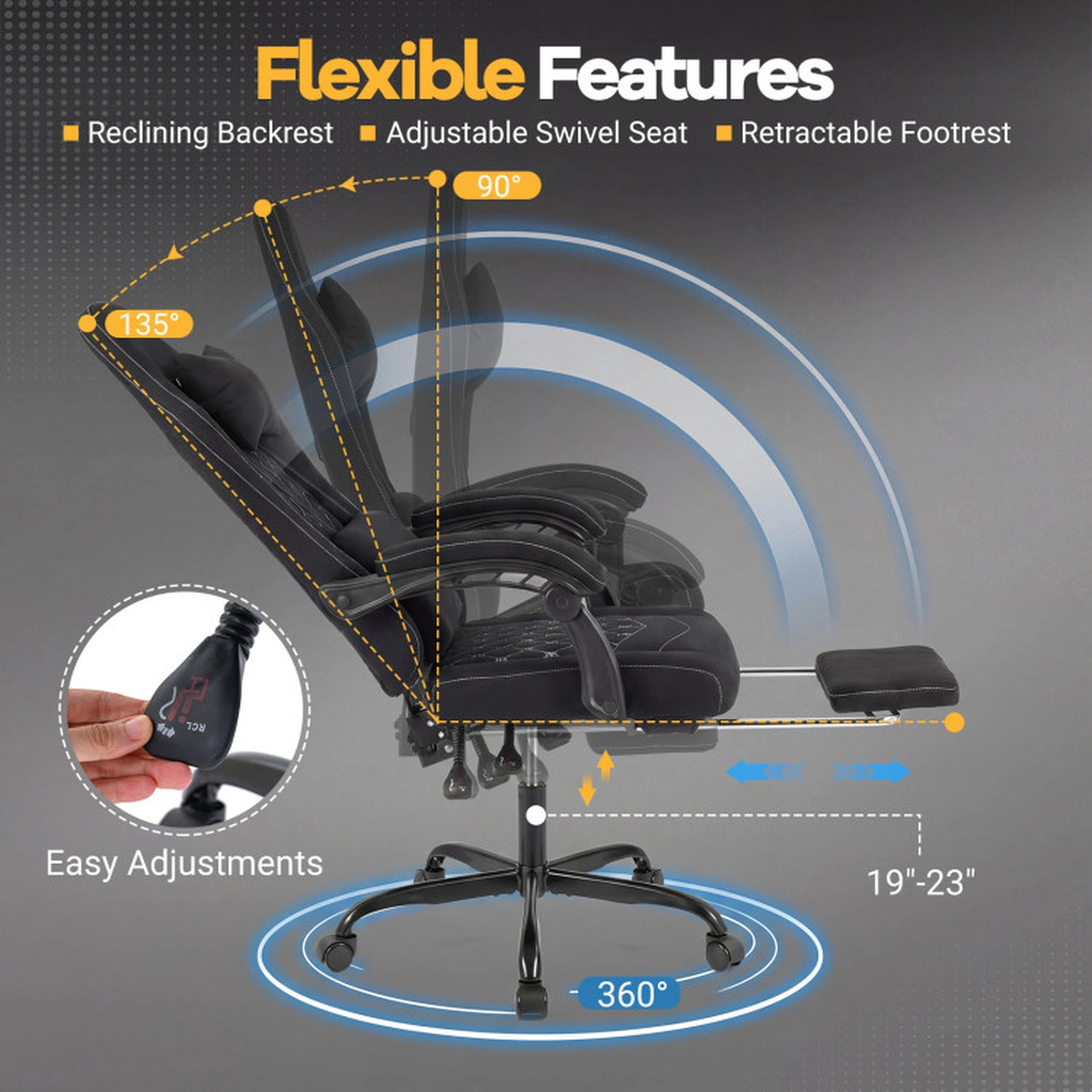 SUGIFT Black Ergonomic High-Back Gaming Chair with Footrest