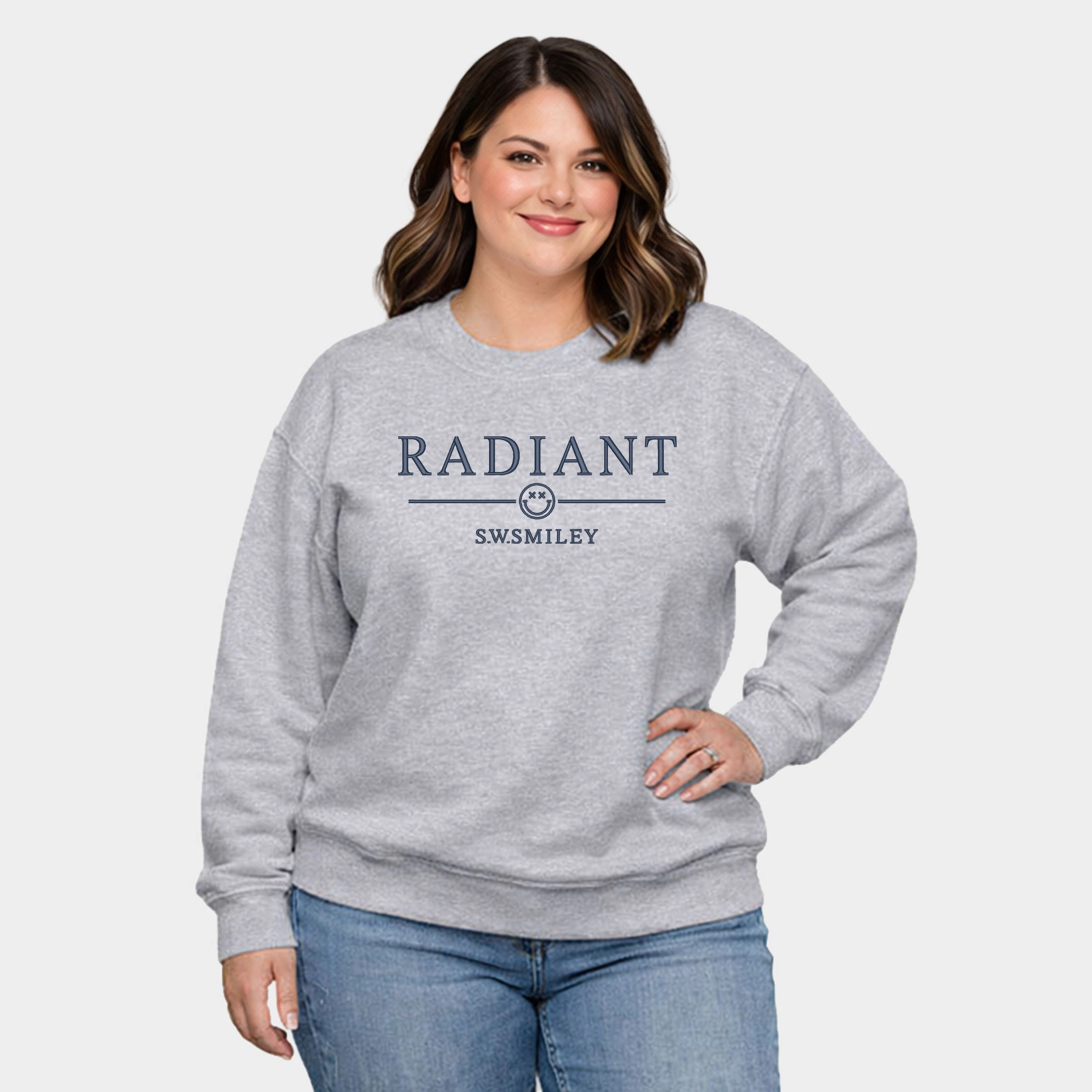 Simply Sage Market - S.W.Smiley Embroidered Radiant Smiley Outline  Women's Plus Sized Graphic Sweatshirt