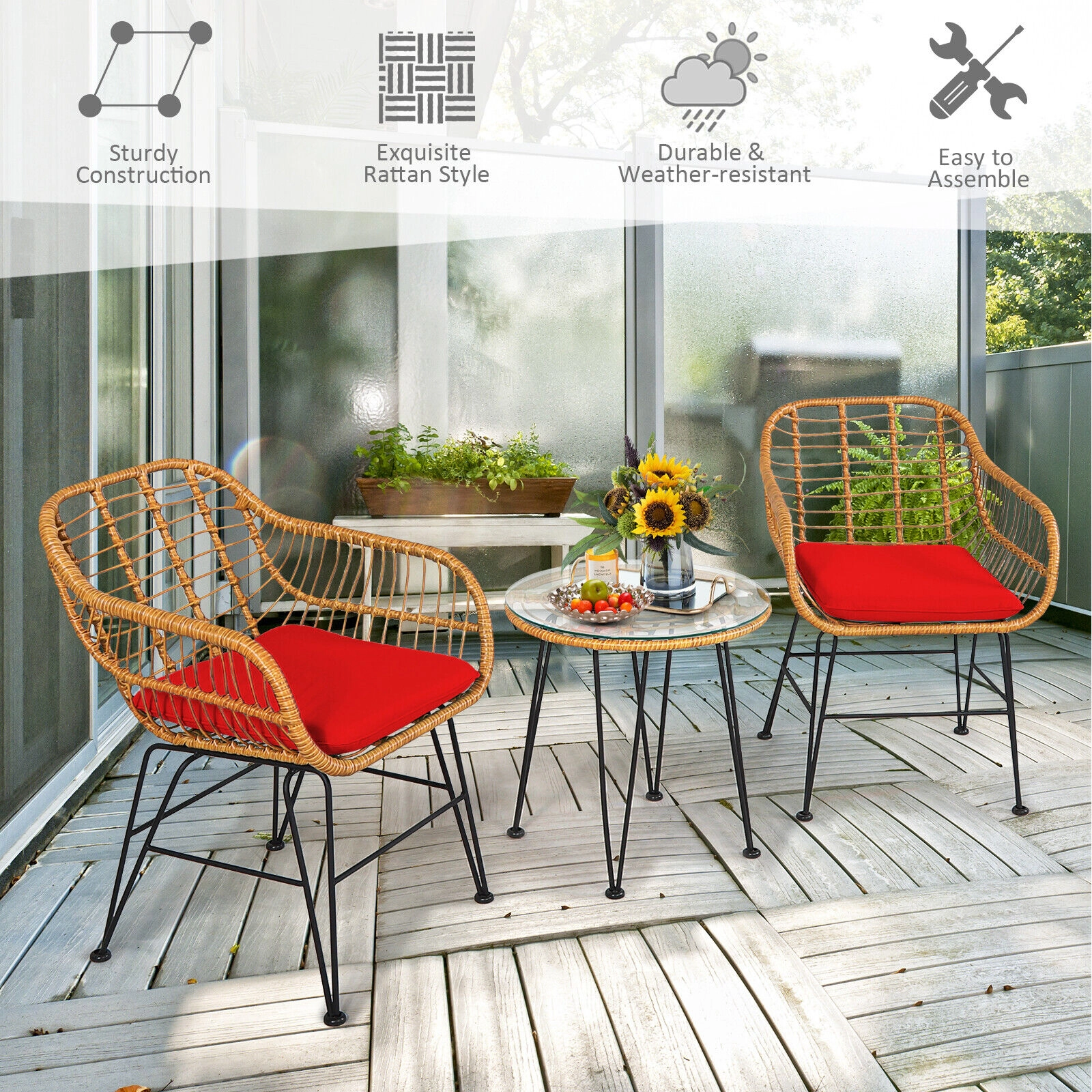 SUGIFT 3-Piece Red Wicker Patio Conversation Set with Cushions and Round Tempered Glass Table