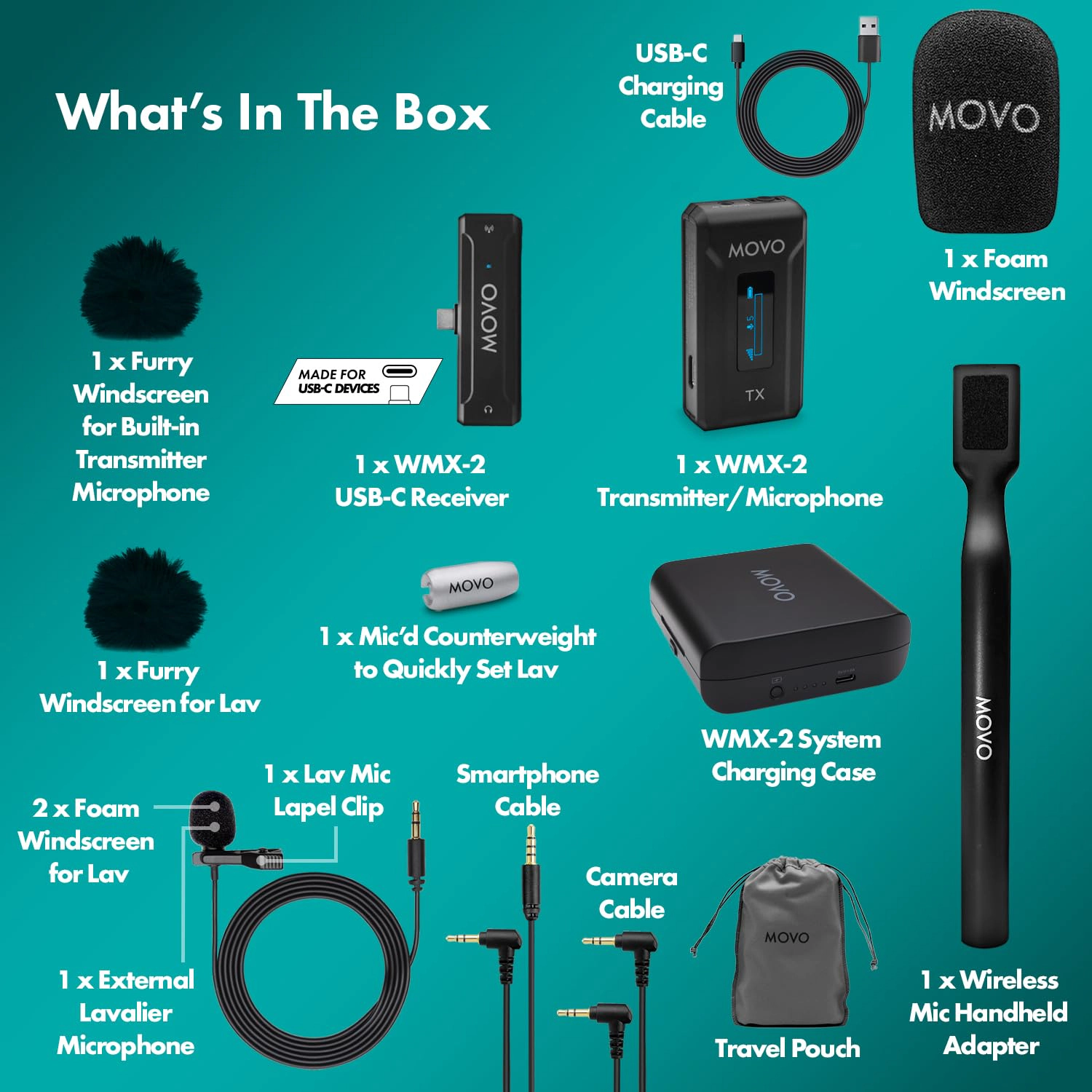 Movo WMX-2 Wireless Lavalier Microphone Lapel Mic with Charging Case and WMX-HM Handheld Adapter - Lav Mic, Lapel