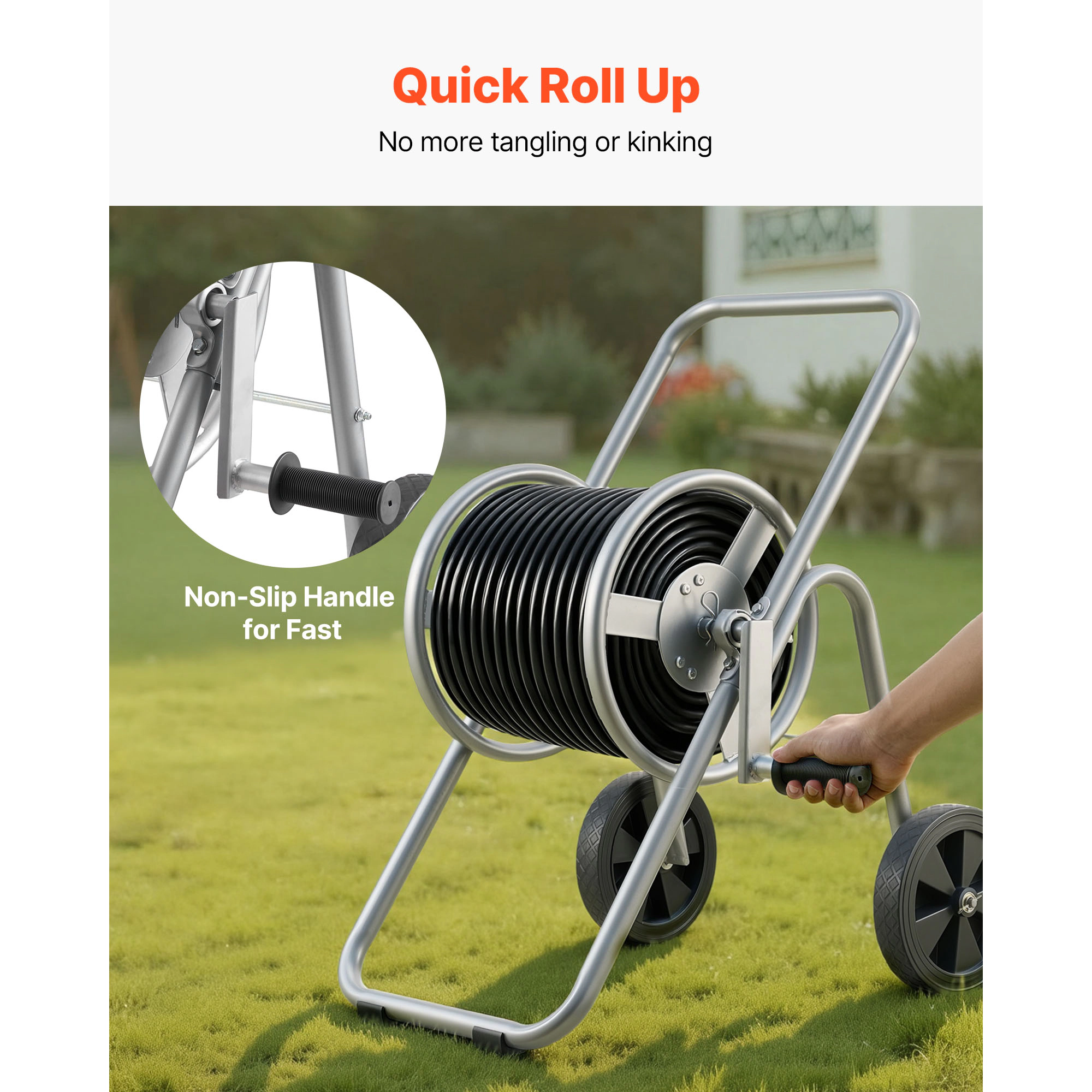 HONGGE Hose Reel Cart Hold of 5/8’’ Hose Garden Water Hose Carts Mobile Tools with 4 Wheels Heavy Duty Powder-coated
