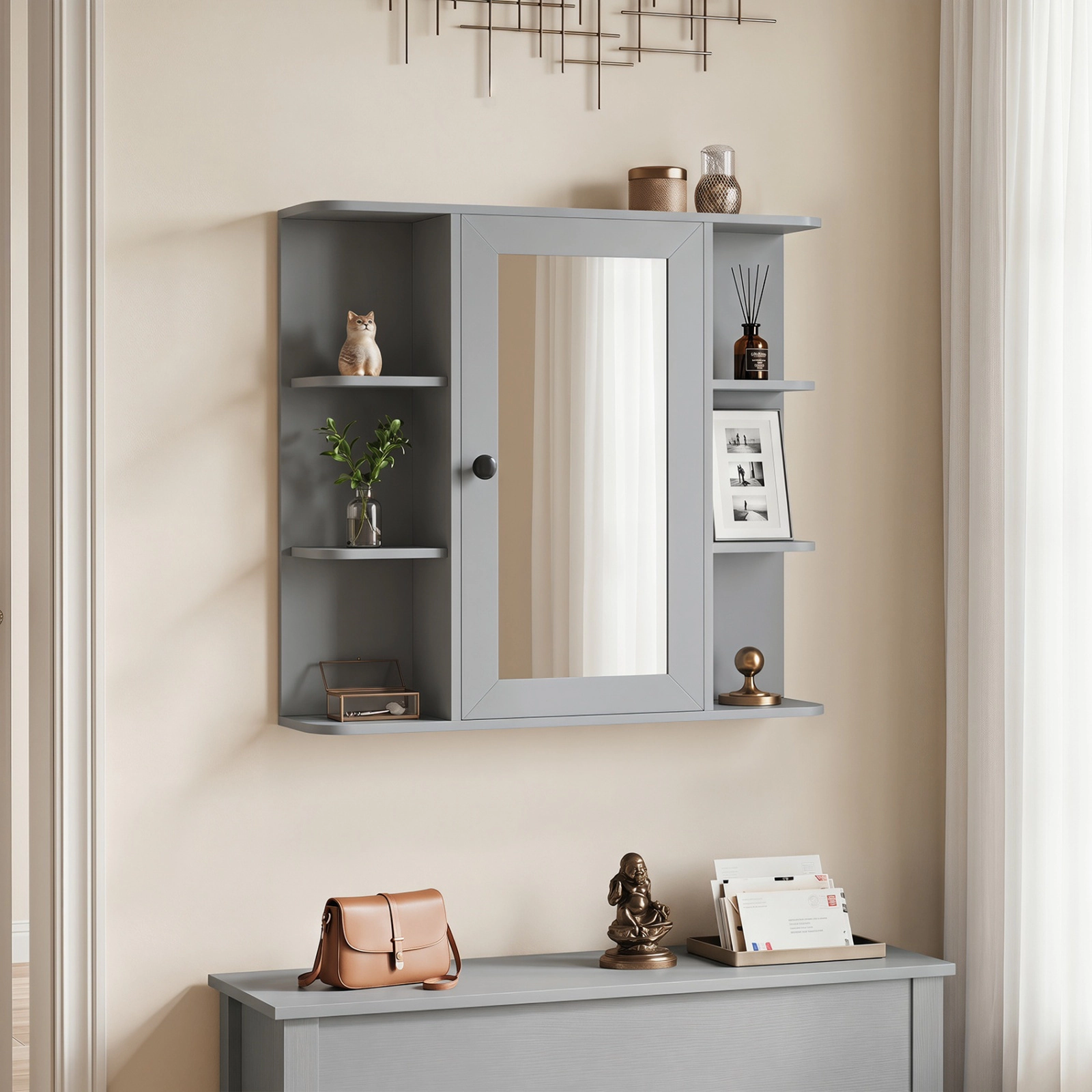 SUGIFT Mirrored Door 3 Compartments 6 Open Shelves Wall Bathroom Medicine Cabinet 26-in x 6.5-in x 25-in 120-lb Gray