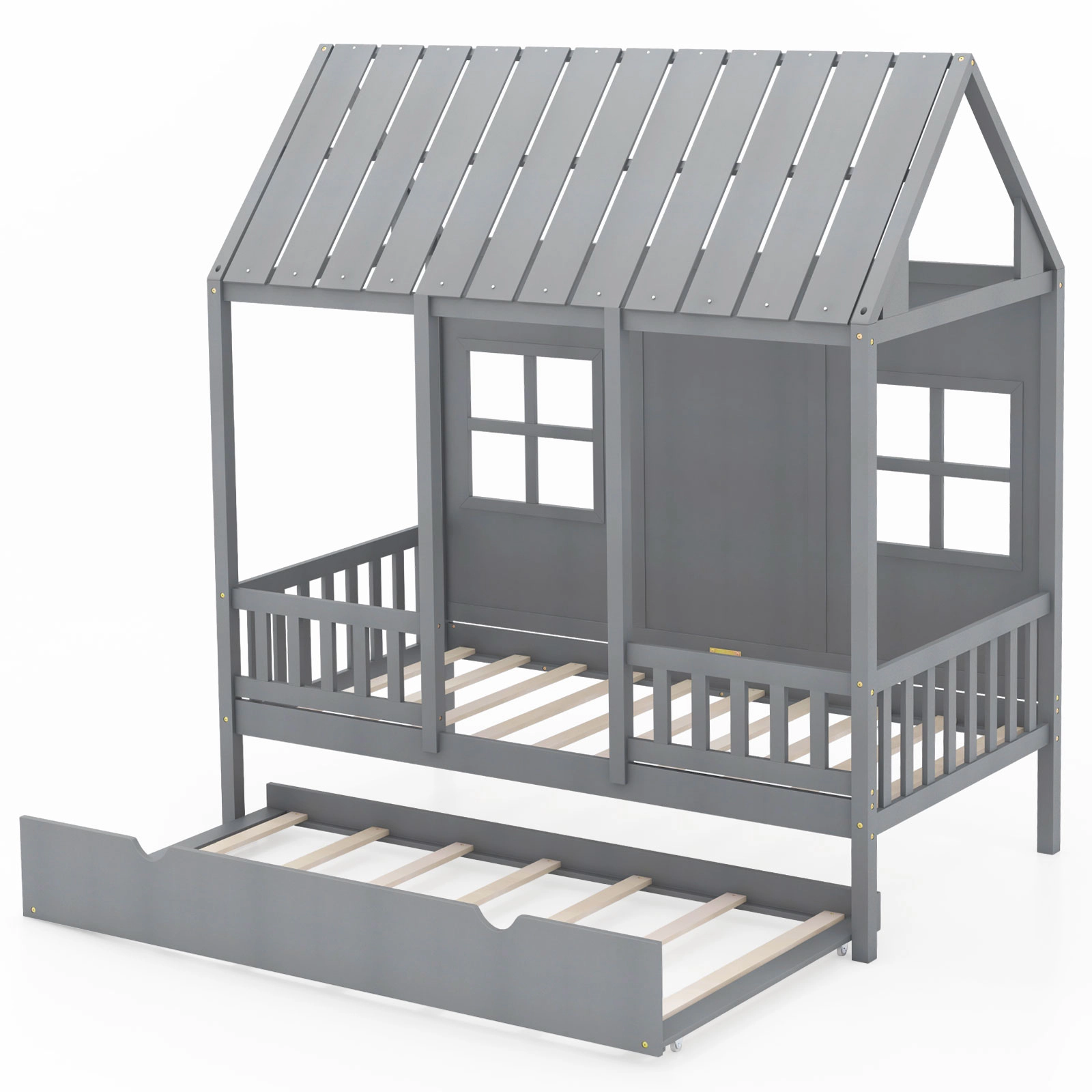 SUGIFT Gray Trundle 82-in Roof and Window Cutouts Twin Kids House Bed Frame