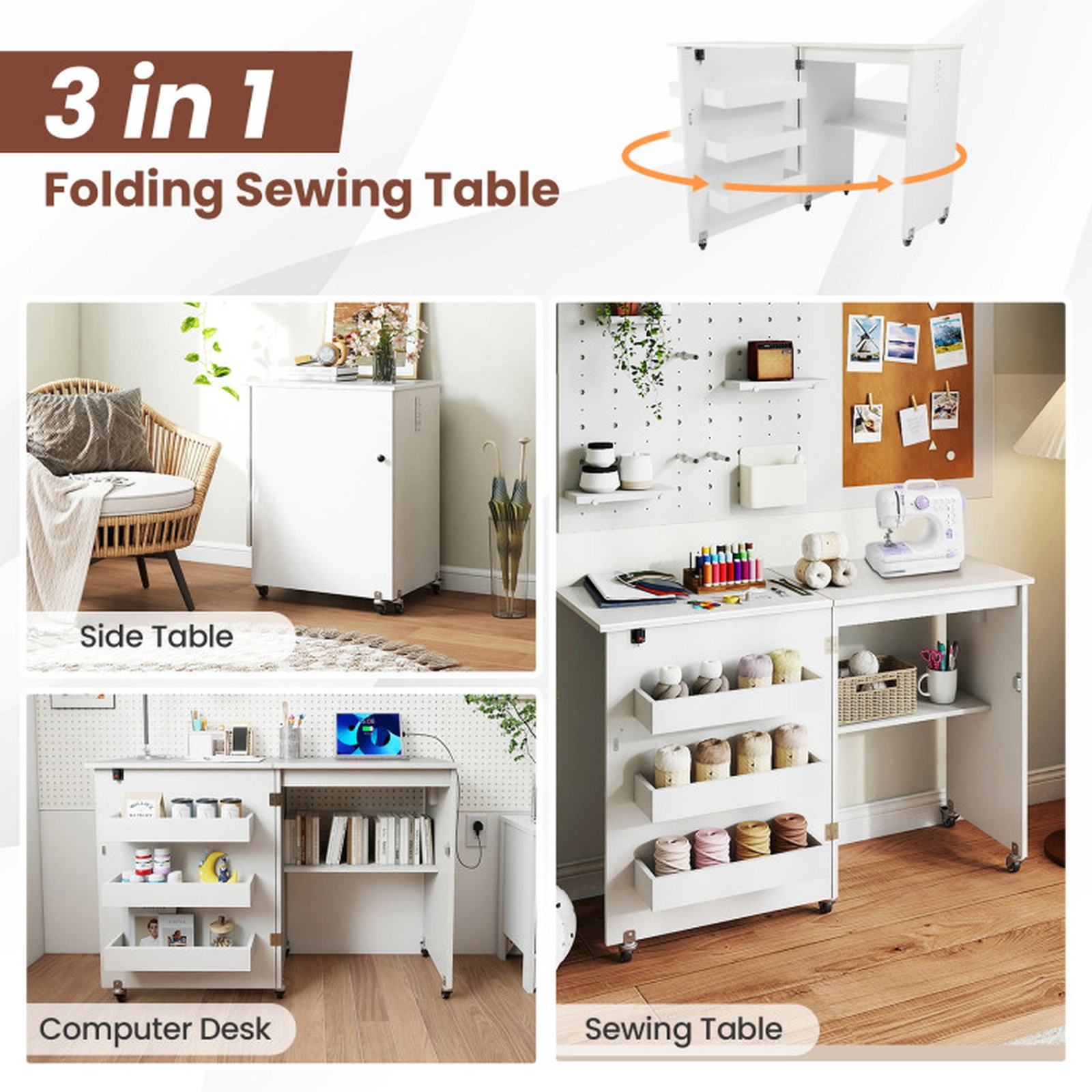 SUGIFT Folding Charging Station 5 Casters Sewing Machine Table Desk 45.5-in x 16-in x 31-in 45-lb Capacity White