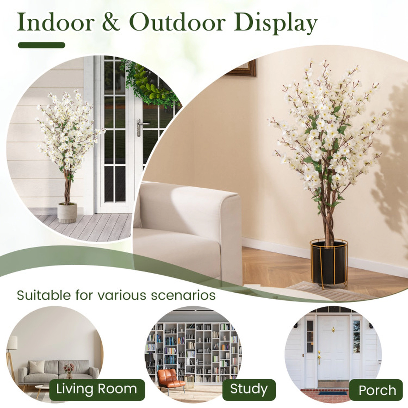 SUGIFT 47-in Fabric Flowers Solid Wood Trunk Cement Filled Pot Faux Plum Blossom Tree 6-in x 5-in Pot 9-lb White