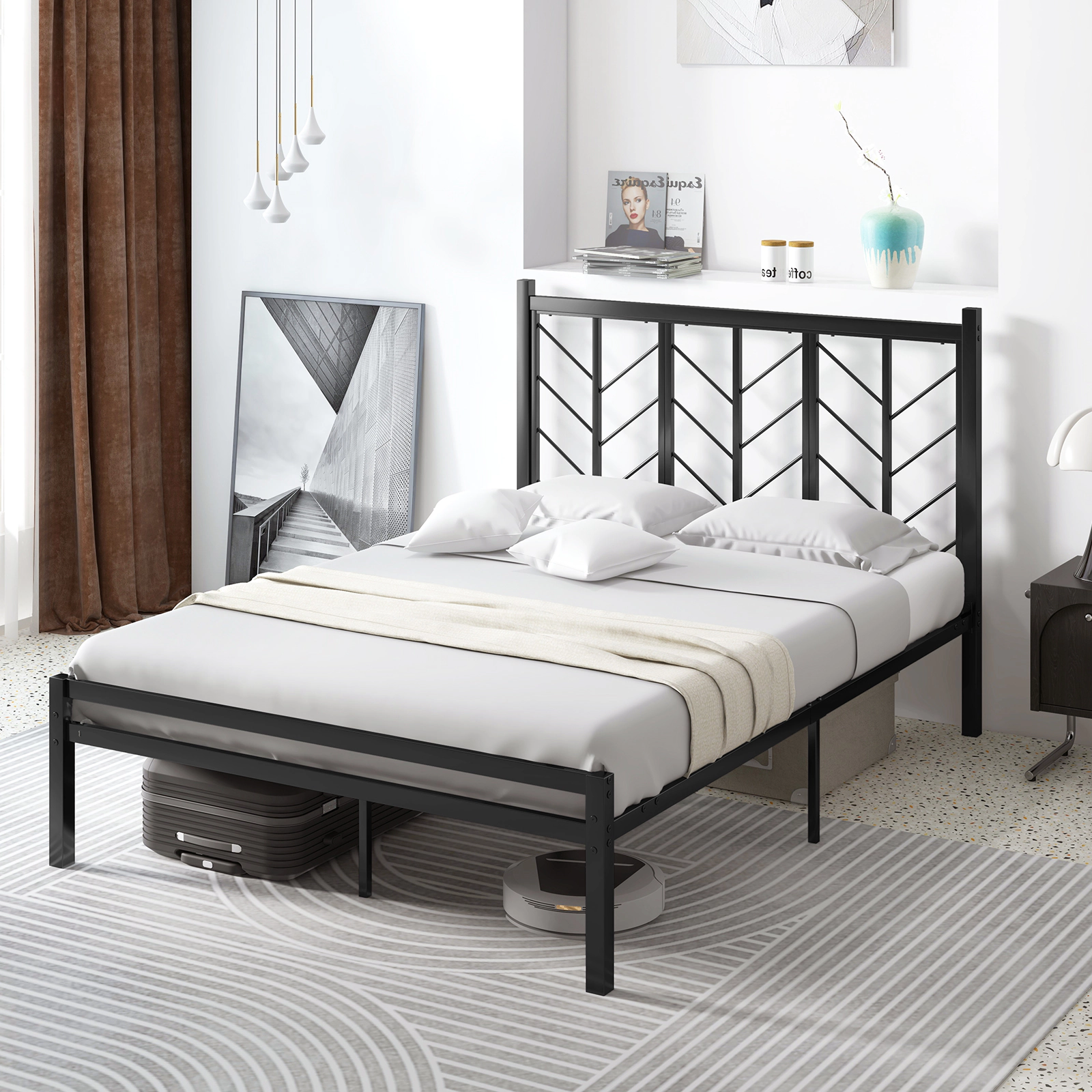LJG Platform Bed with Headboard and Metal Frame