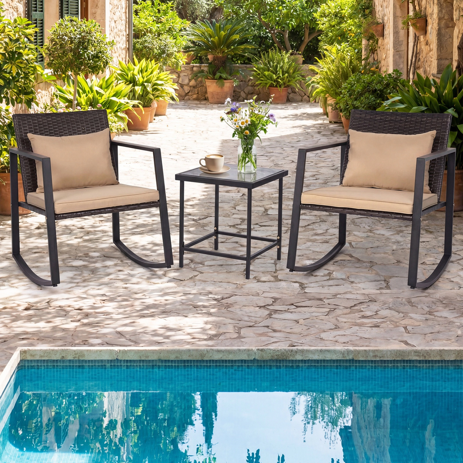 SUGIFT 3-Piece Black Outdoor Rocking Bistro Set with Cushioned Chairs and Glass Table
