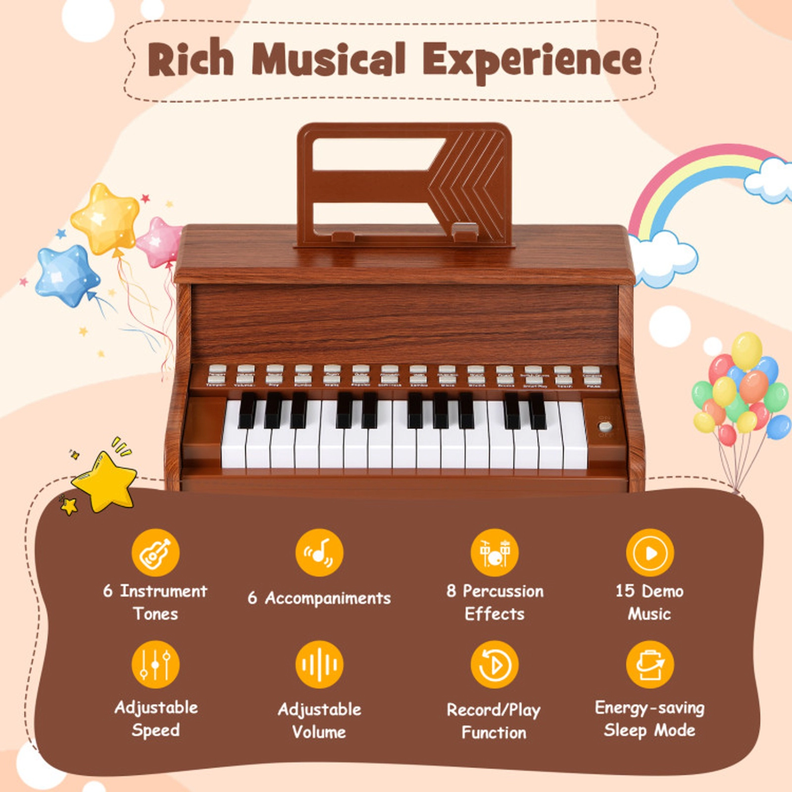 SUGIFT Kids Brown 25-Key Upright Toy Piano with Teaching Mode and Music Stand 15-in W 9.5-in D 11.5-in H Ages 3+