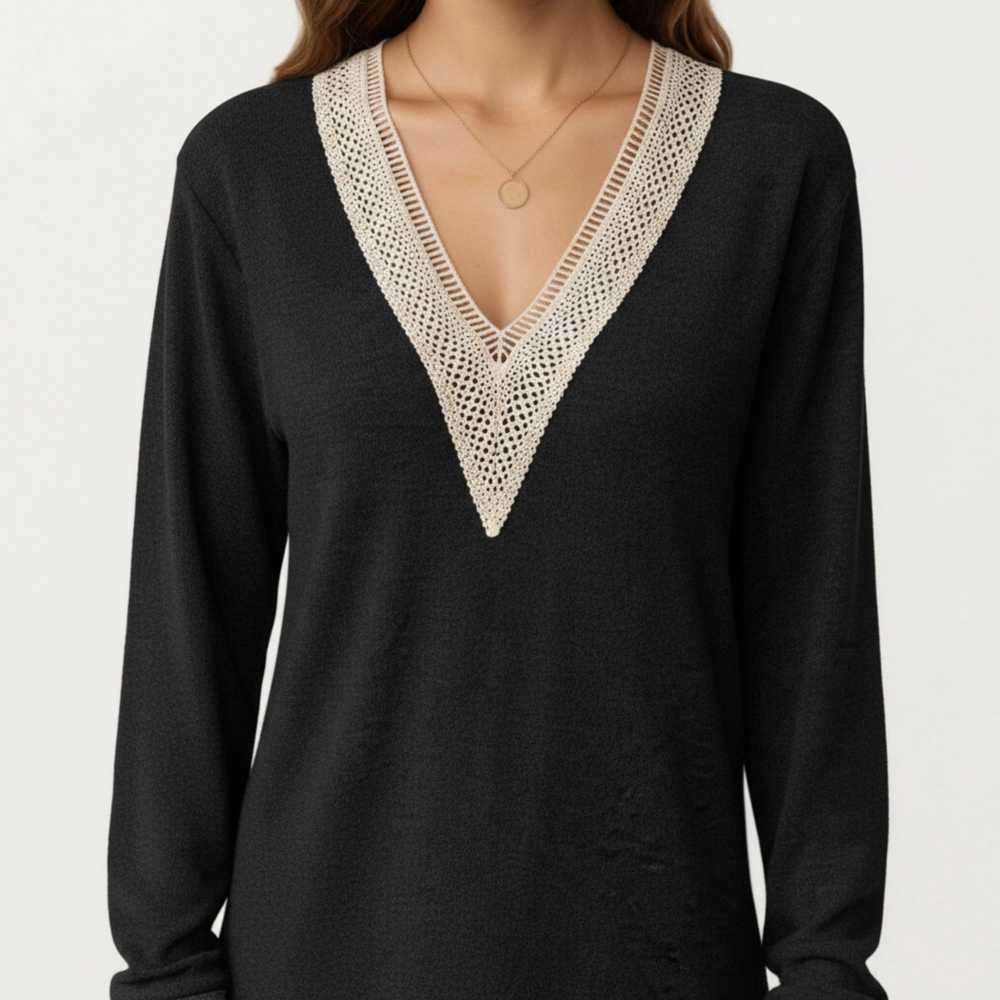 Anna-Kaci Women's Contrast Crochet Trim V-Neck Relaxed Hem Long Sleeve Top
