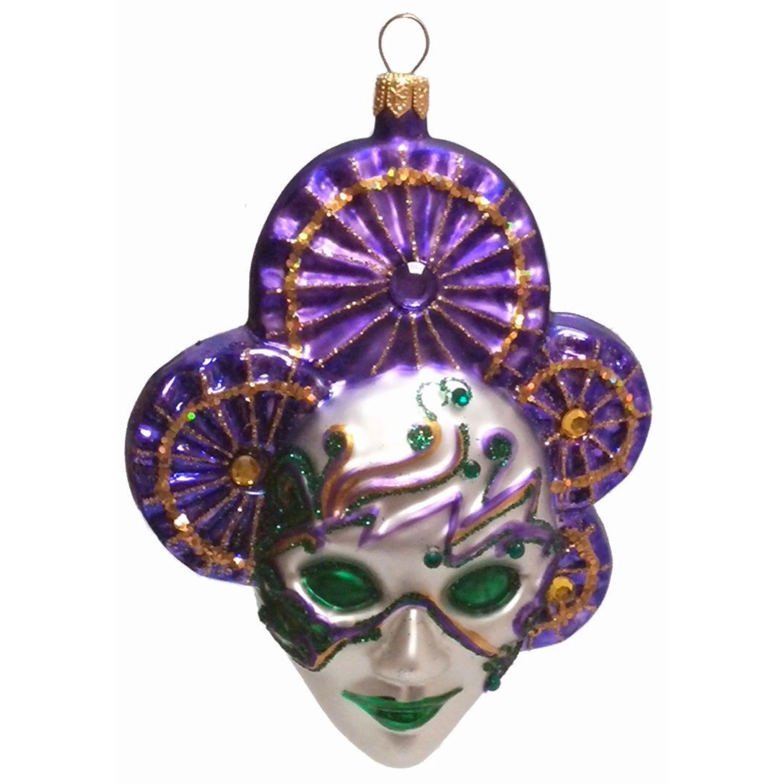 Pinnacle Peak Trading Company Green and Purple Venetian Mask Polish Blown Glass Christmas Ornament
