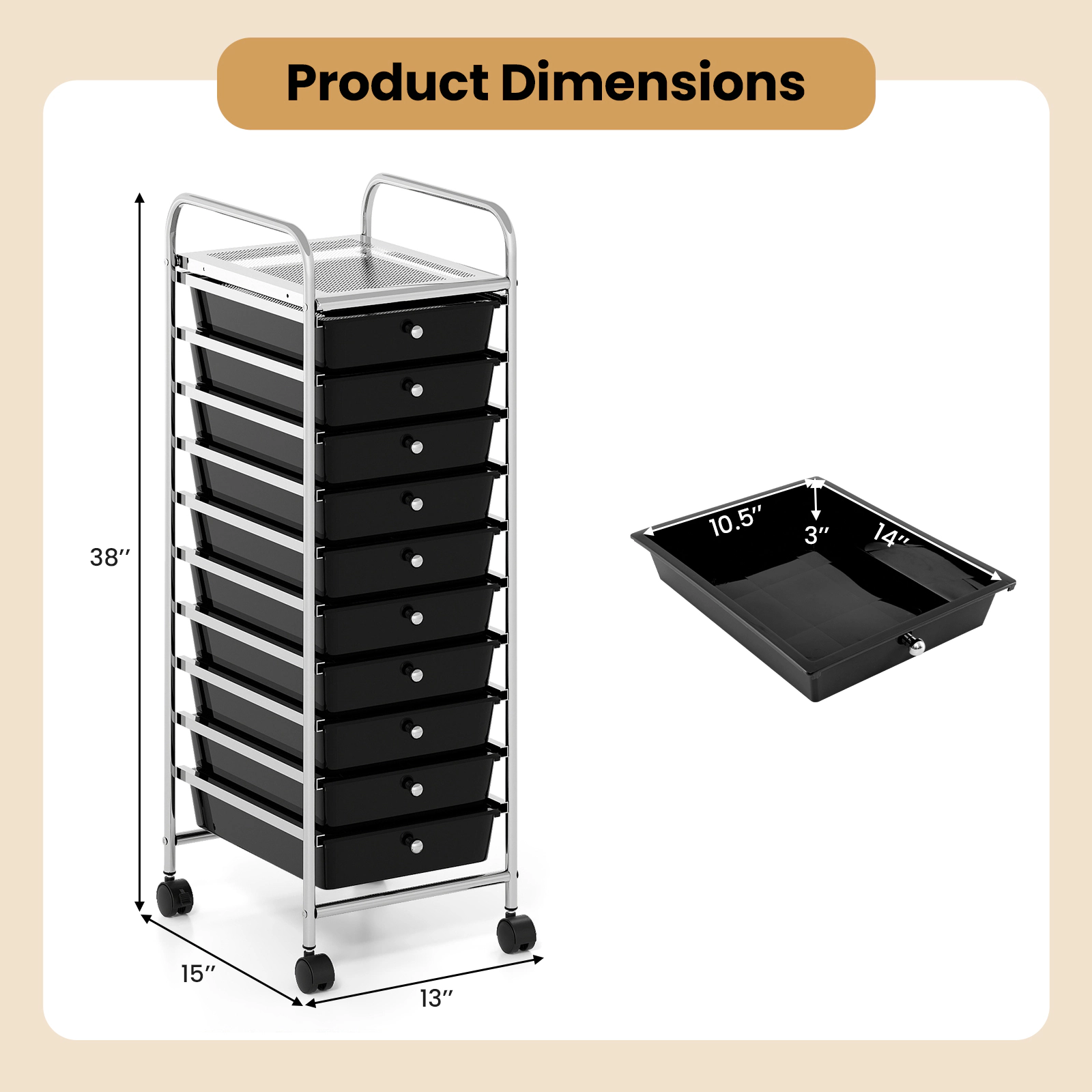 SlickBlue Rolling Drawer Organizer Cart, 10 Drawers, Top Shelf