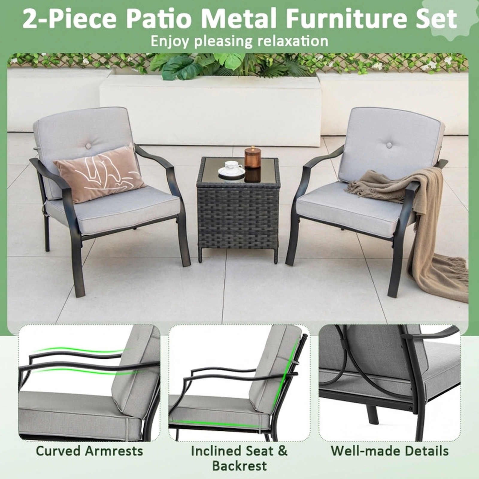 SUGIFT Patio Metal Chairs with Seat and Back Cushions 330-lb Capacity Black Frame Gray Cushion