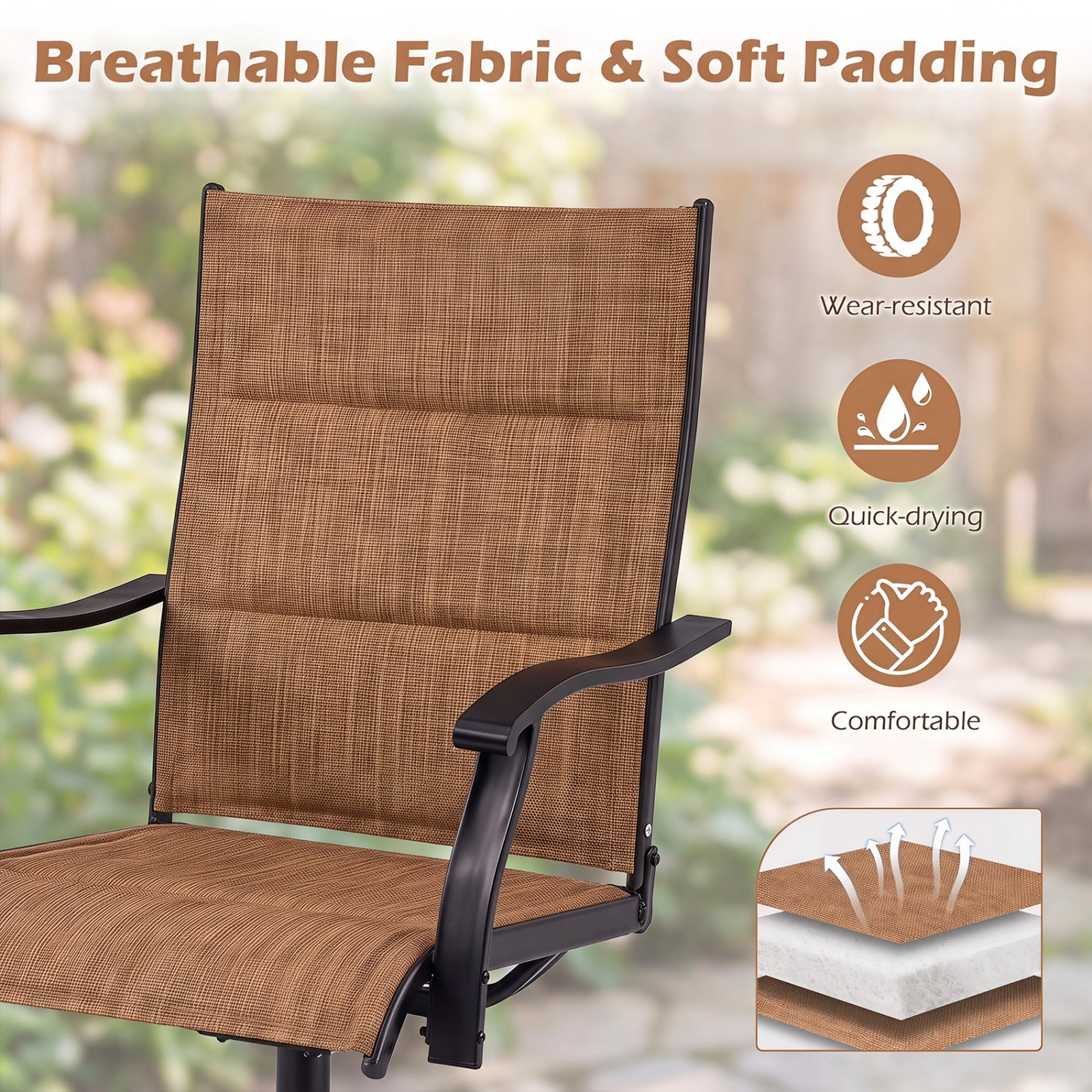 SUGIFT Set of 2 Padded Swivel Patio Dining Chairs with Curved Armrests and Metal Frame
