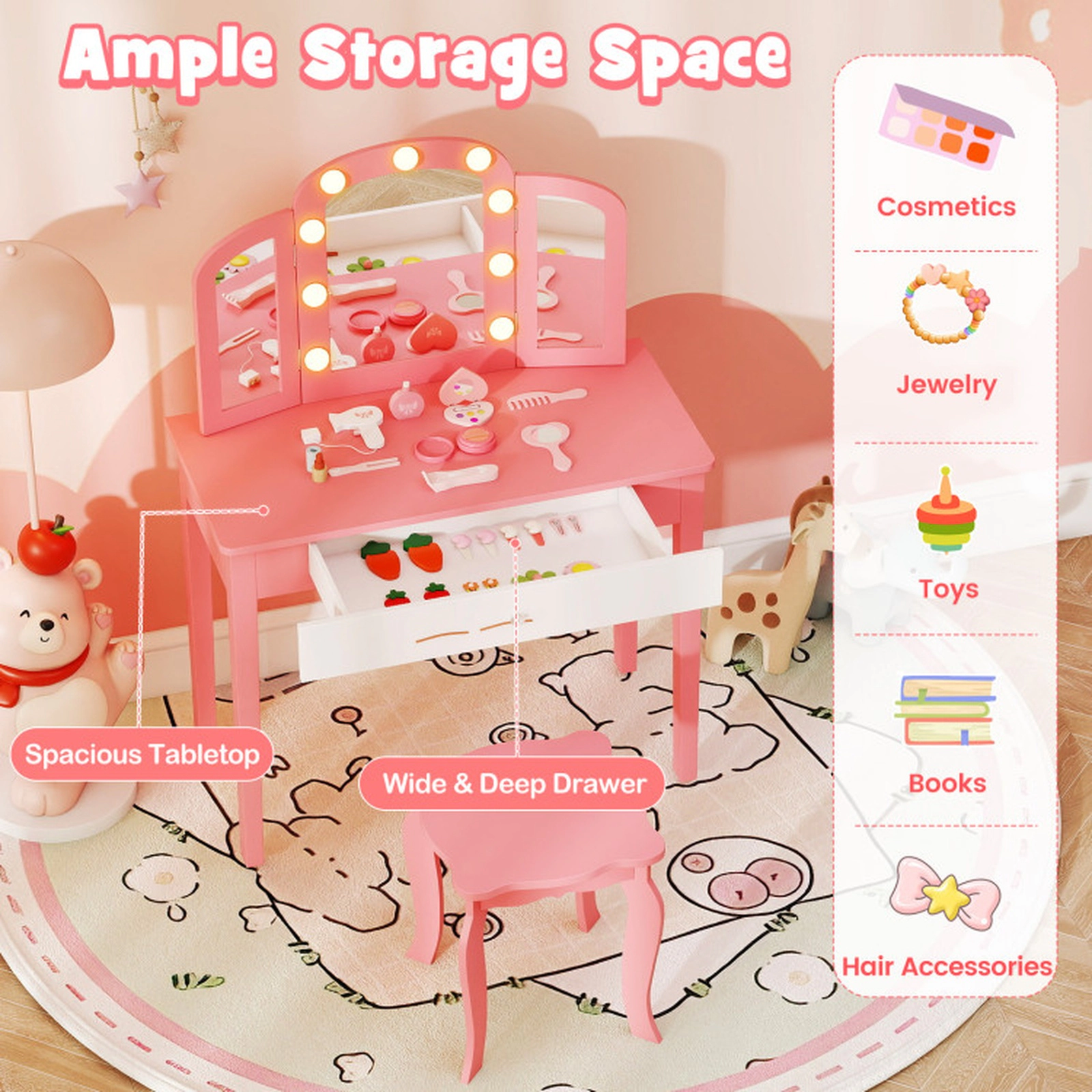SUGIFT 2-in-1 Kids Vanity Table Set with Tri-Folding Detachable Lighted Mirror 110-lb Capacity Ages 3-12 Pink/White