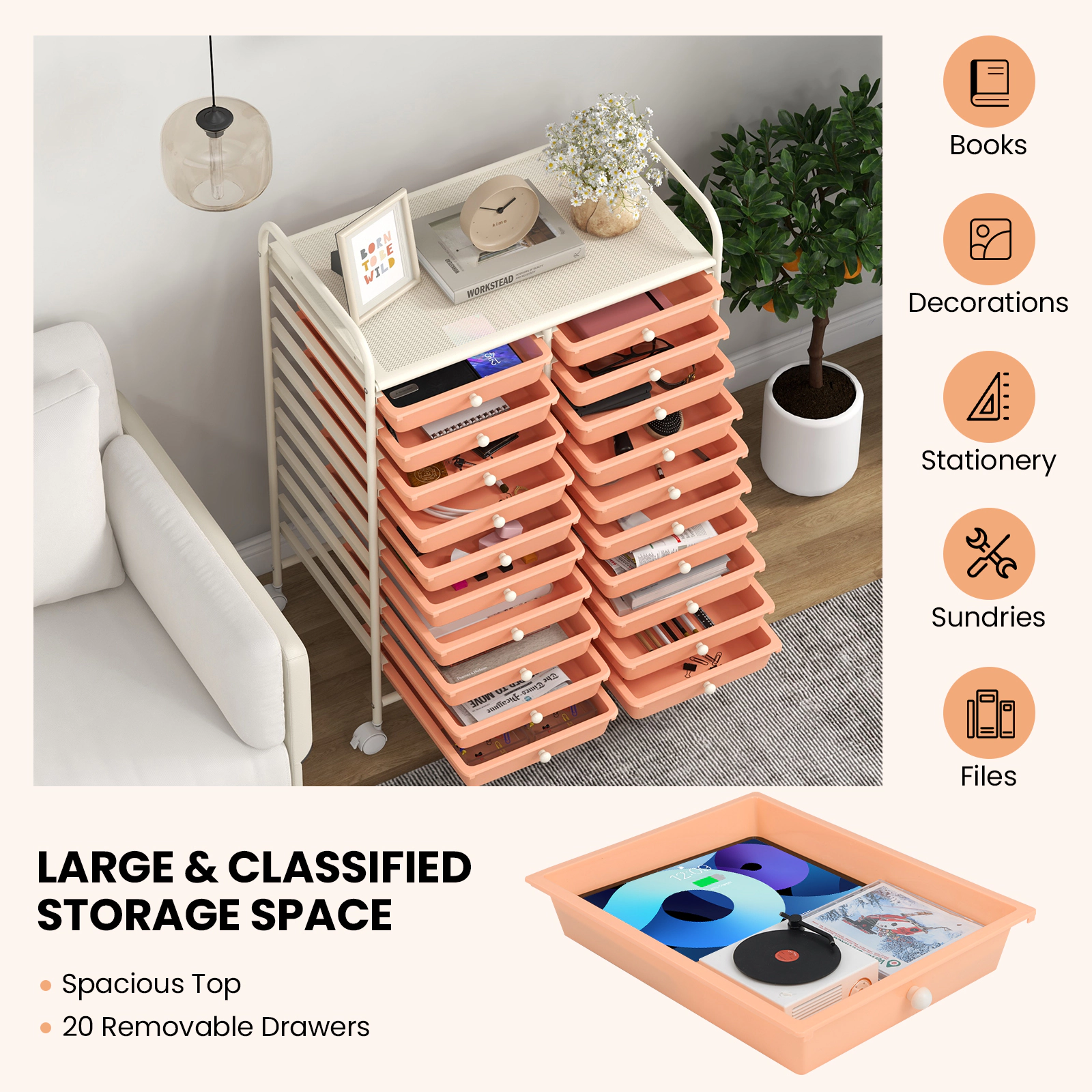 SUGIFT Peach 34-in 20-Drawer Rolling Storage Cart Art Studio Organizer with Removable Trays and Wheels