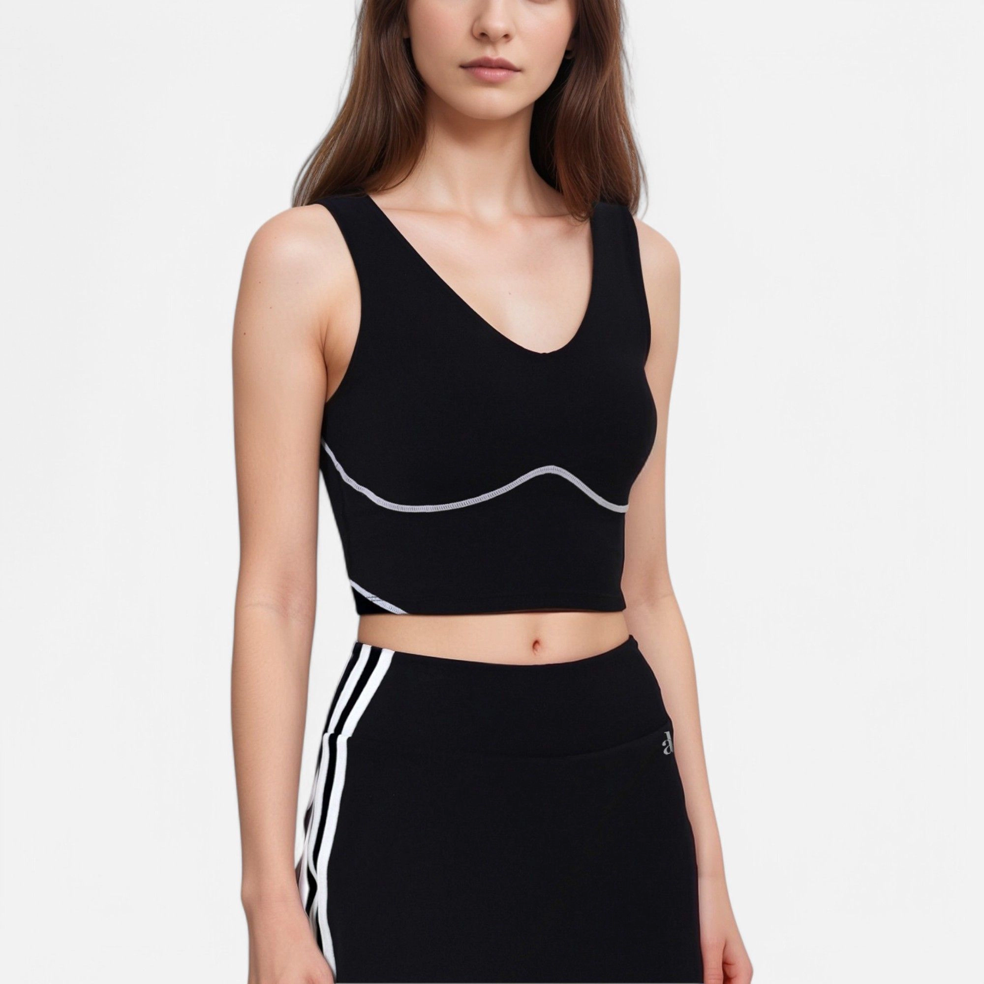 Anna-Kaci Women's Seamless V-Neck Crop Top with Contour Stitching and Contrast Piping Detail