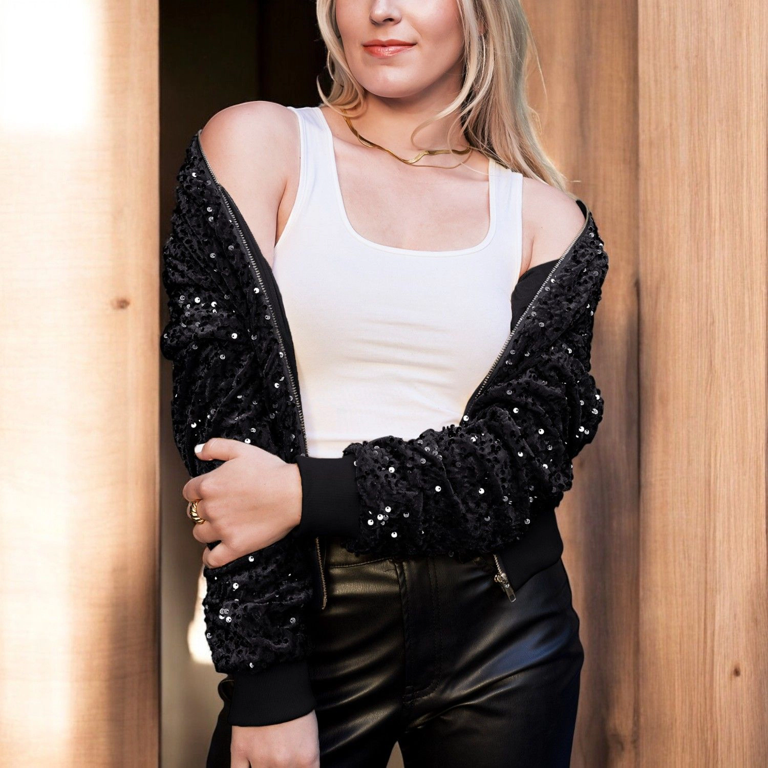 Anna-Kaci Women's Sparkly Sequin Velvet Zip-Up Bomber Jacket
