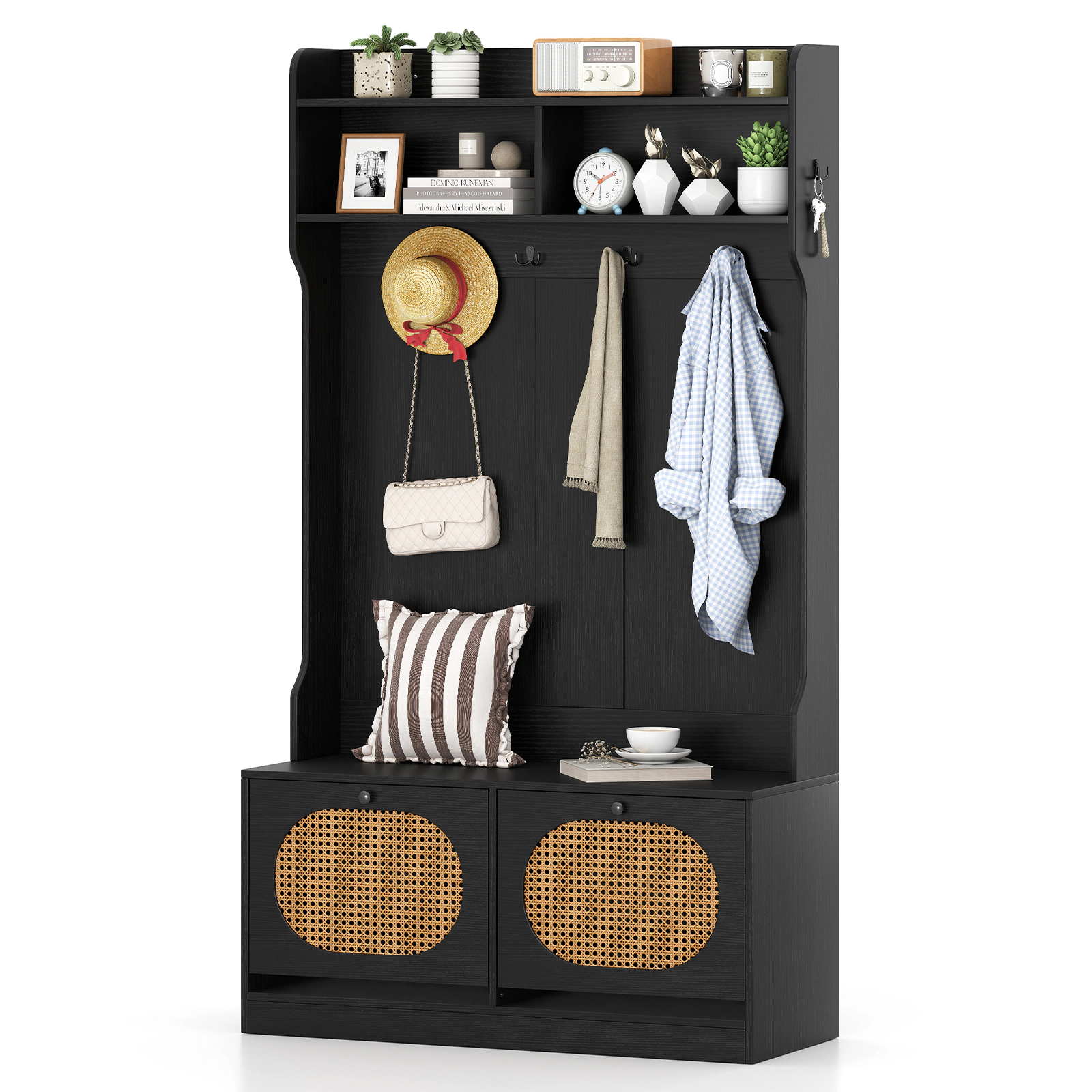 Glintex 4-in-1 Hall Tree with PE Rattan Flip Drawers and 3-Tier Dividers
