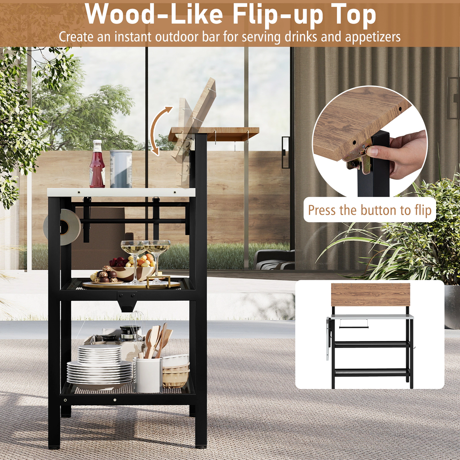 SUGIFT Outdoor Foldable Grill Table with Flip-Up Top and 2 Storage Shelves 300-lb Tabletop Capacity Black