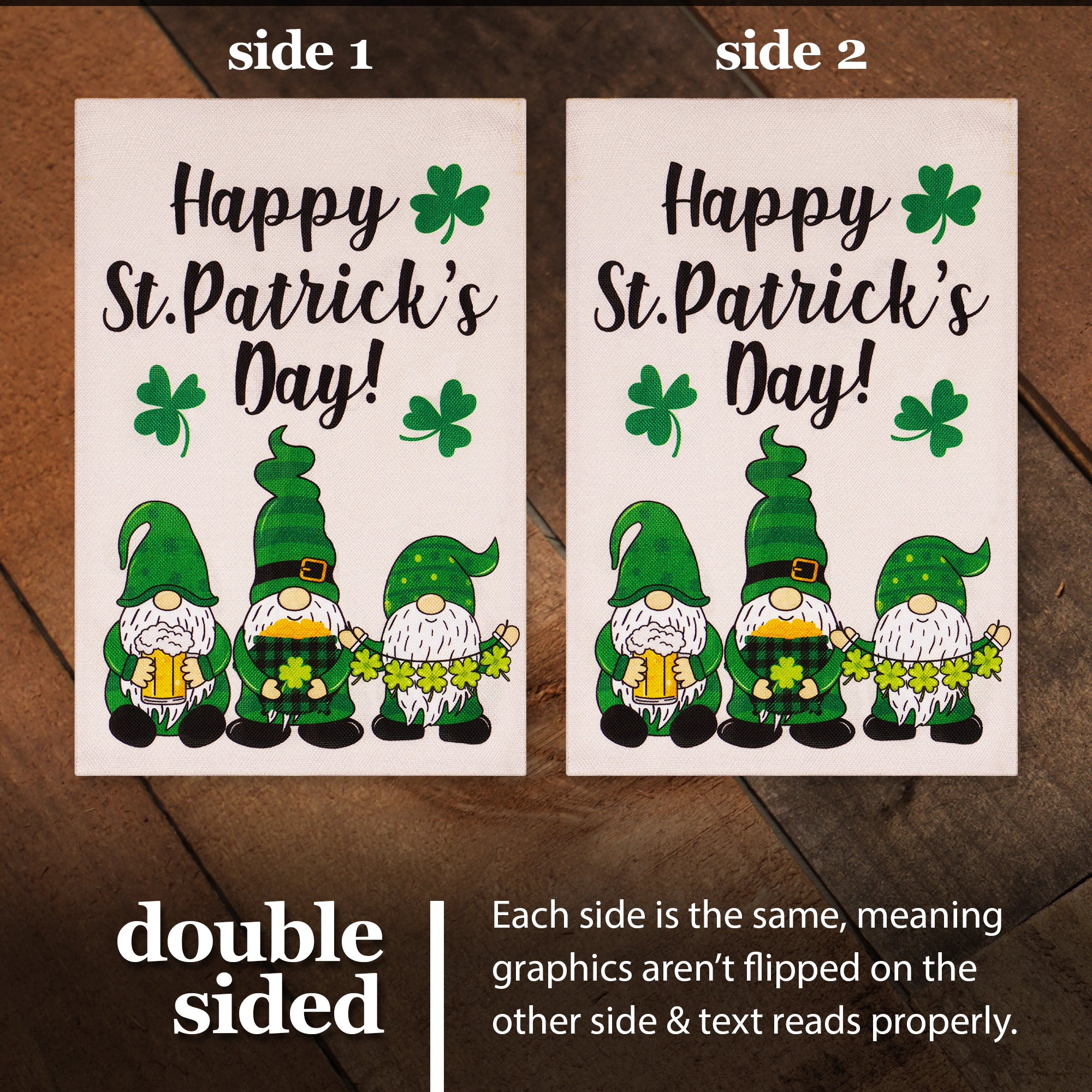 G128 Garden Flag Happy St. Patrick's Day Three Leprechaun Gnomes 12x18 Burlap Polyester