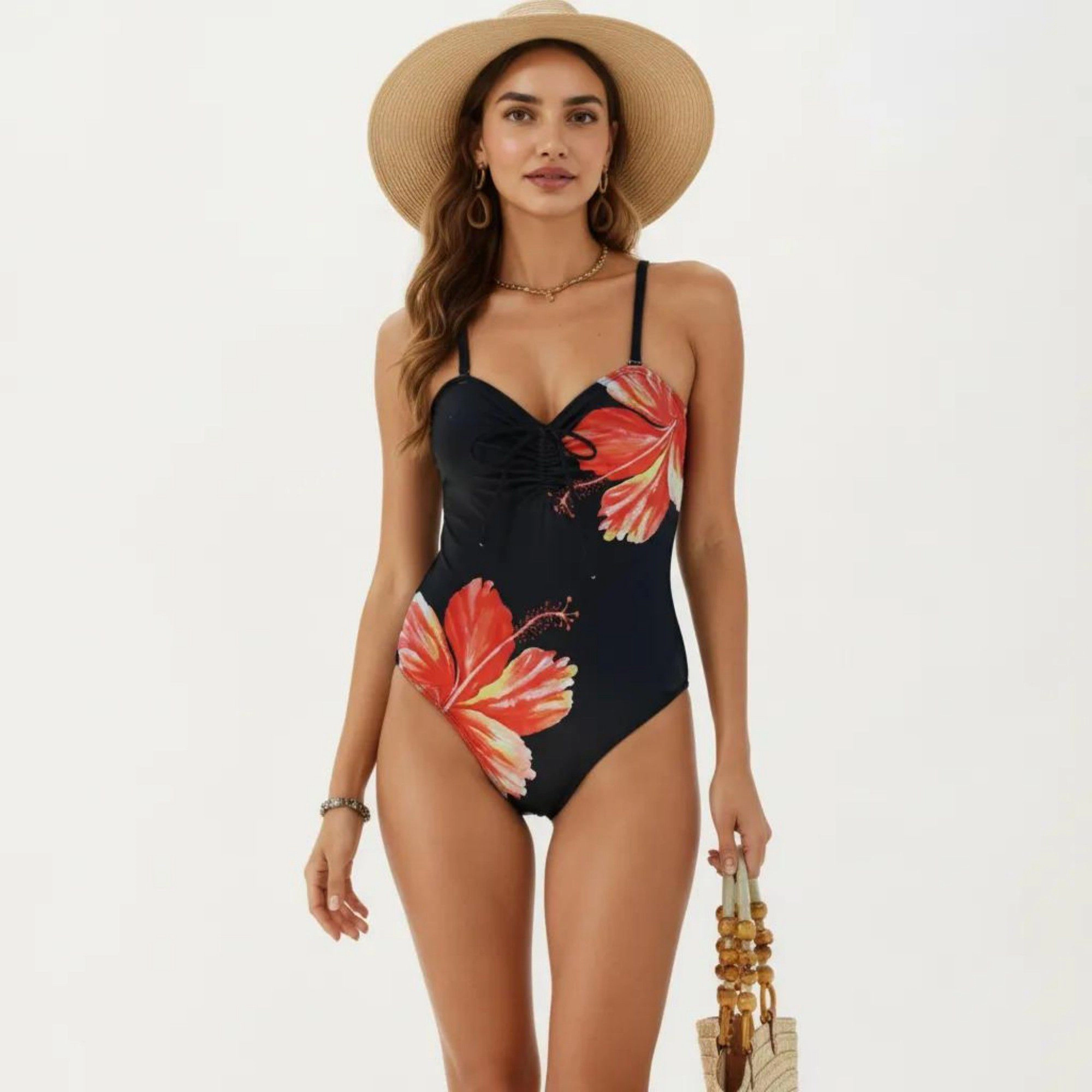 Anna-Kaci Women One-Piece Swimsuit Sweetheart Neck Drawstring Floral Print Slim Fit
