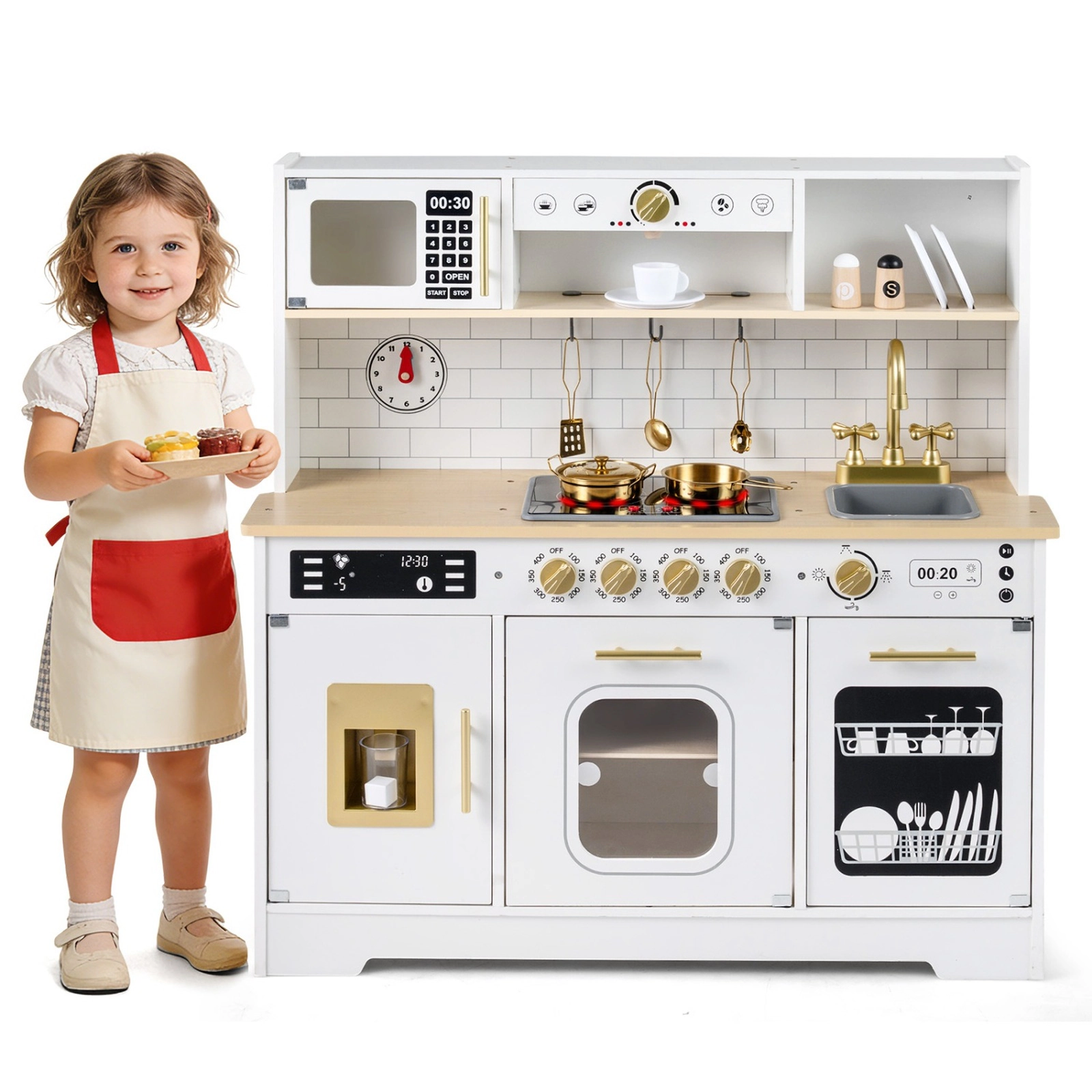 SUGIFT Wooden Play Kitchen with Realistic Lights and Sounds for Kids Ages 3+ 34.5-in Tall Black/White
