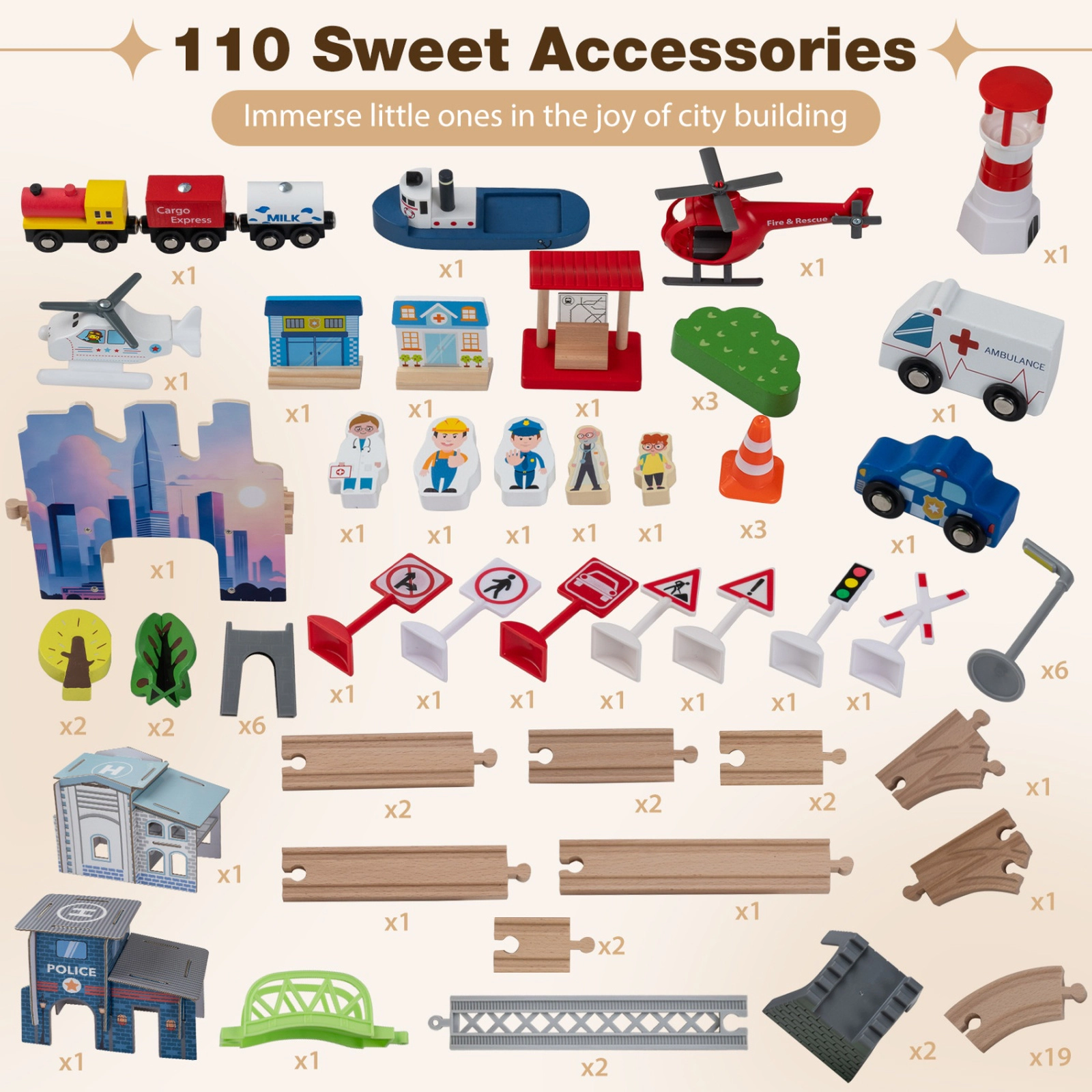 SUGIFT 110-Piece 66-lb Capacity 3-in-1 Wooden Train Table with Storage Drawer and Rope Pull Handle