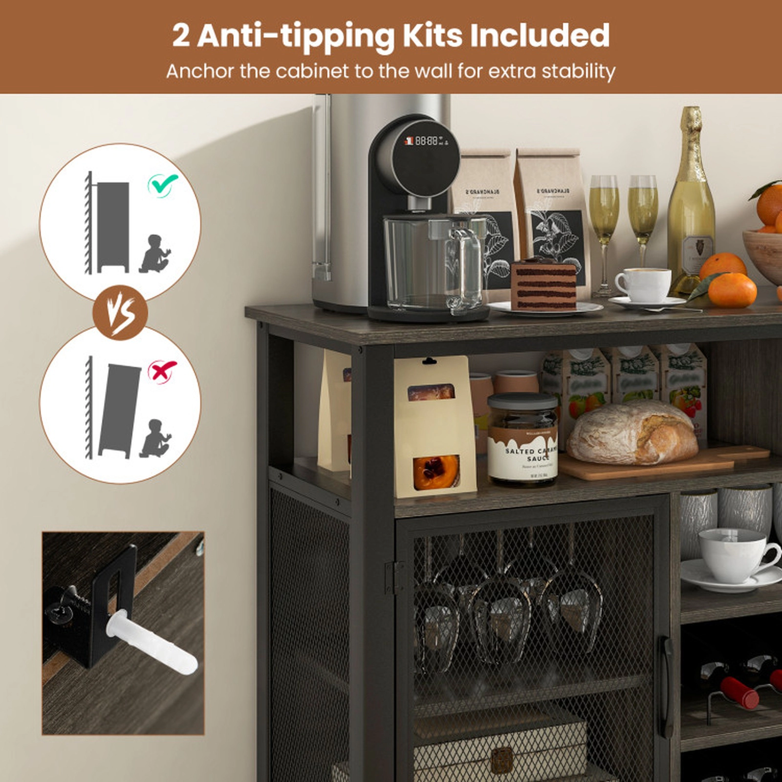 SUGIFT 8-Bottle Racks 6-Row Glass Holders Metal Mesh Doors Wine Cabinet 55-in x 16-in x 32.5-in 360-lb Capacity Gray
