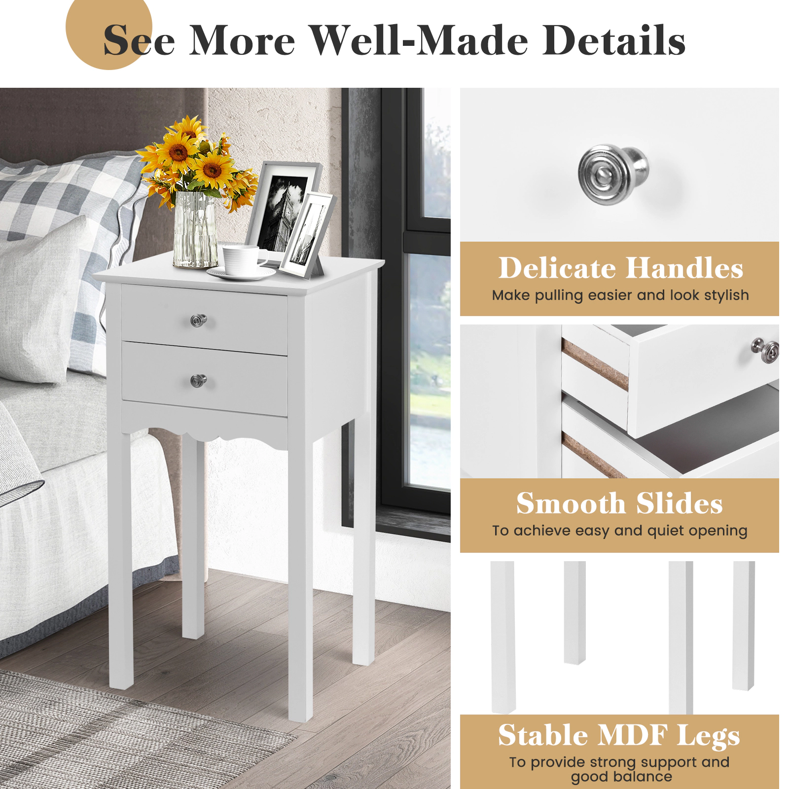 SUGIFT MDF Side Table End Accent Table with 2 Drawers 30-in Tall Black/White