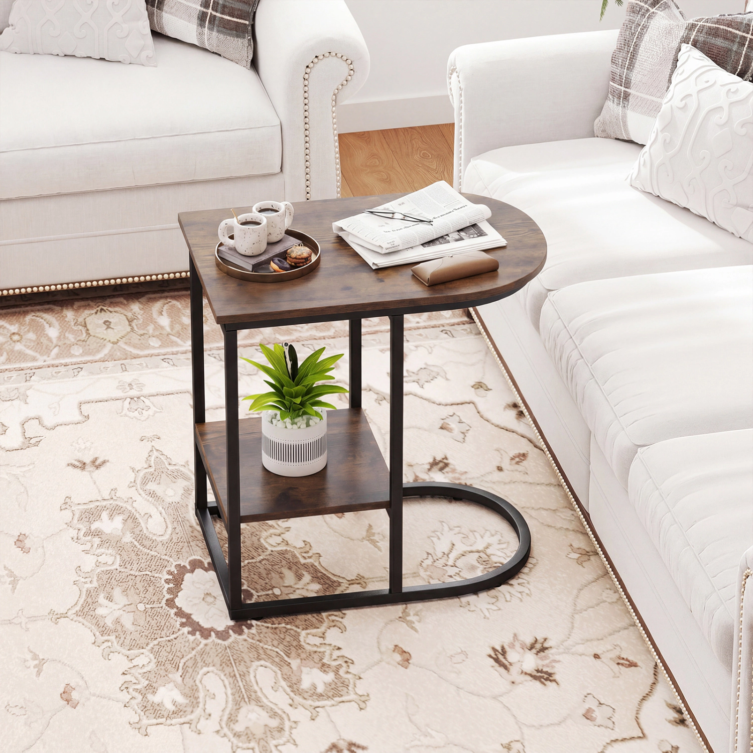 Glintex C-Shaped Faux Marble Side Table with 1-Inch Low-Profile Base, Rustic Brown
