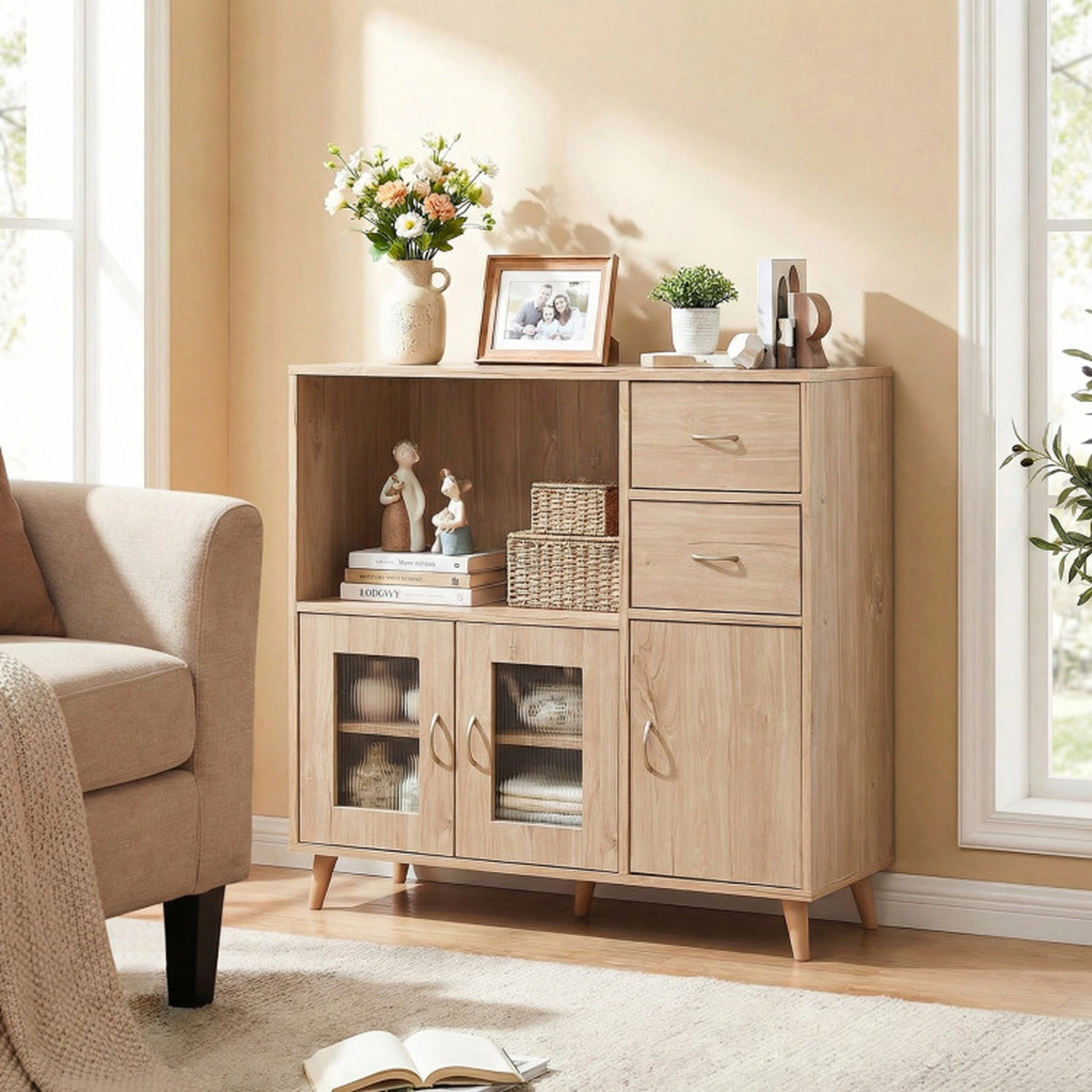 SUGIFT 2-Drawer Open Shelf Clear Doors Farmhouse Buffet Sideboard 36-in x 16-in x 35.5-in 330-lb Capacity Natural