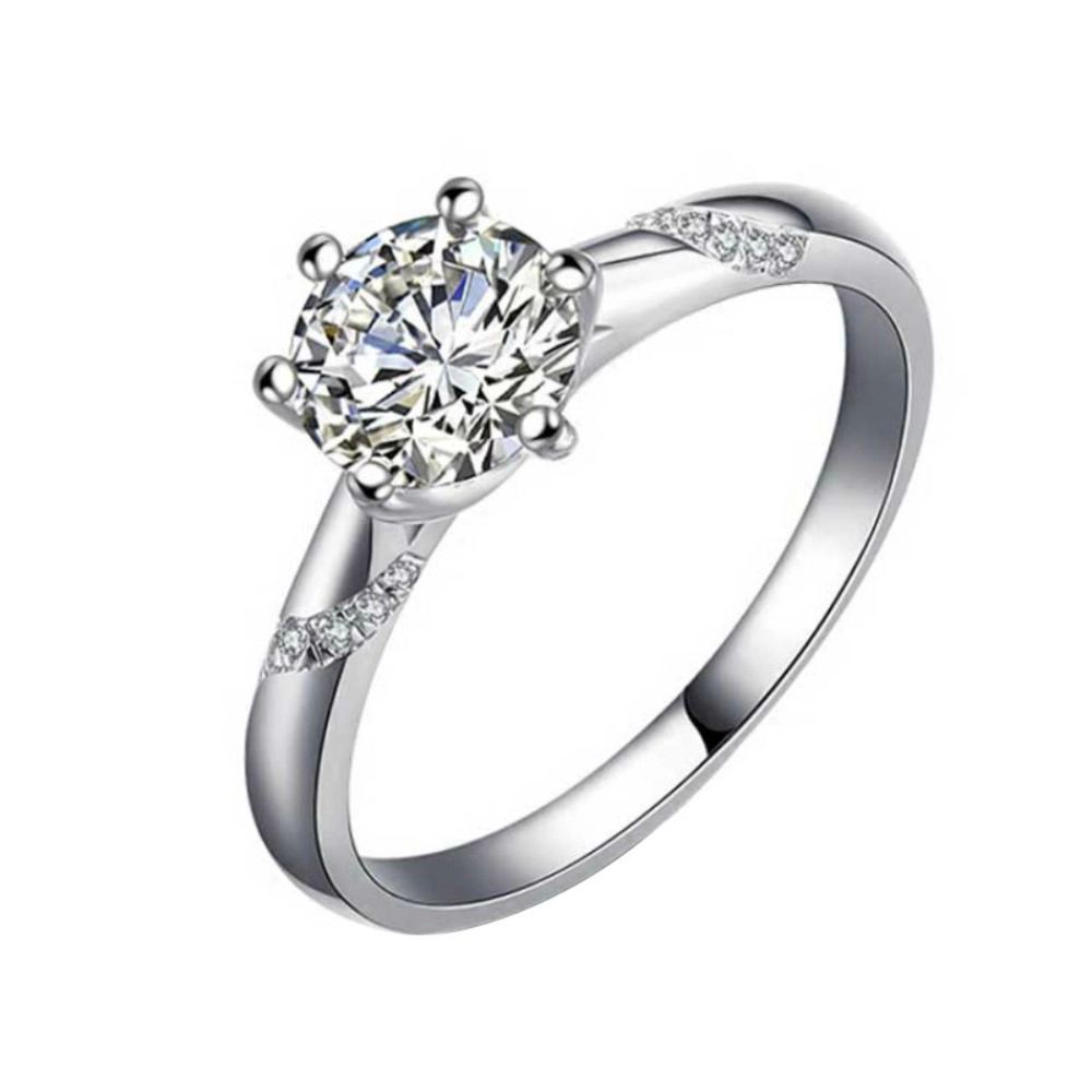 Wardrobe Whimsy Six‑Prong Round Cubic Zirconia Solitaire Ring With Side Accent Stones Silver‑Tone