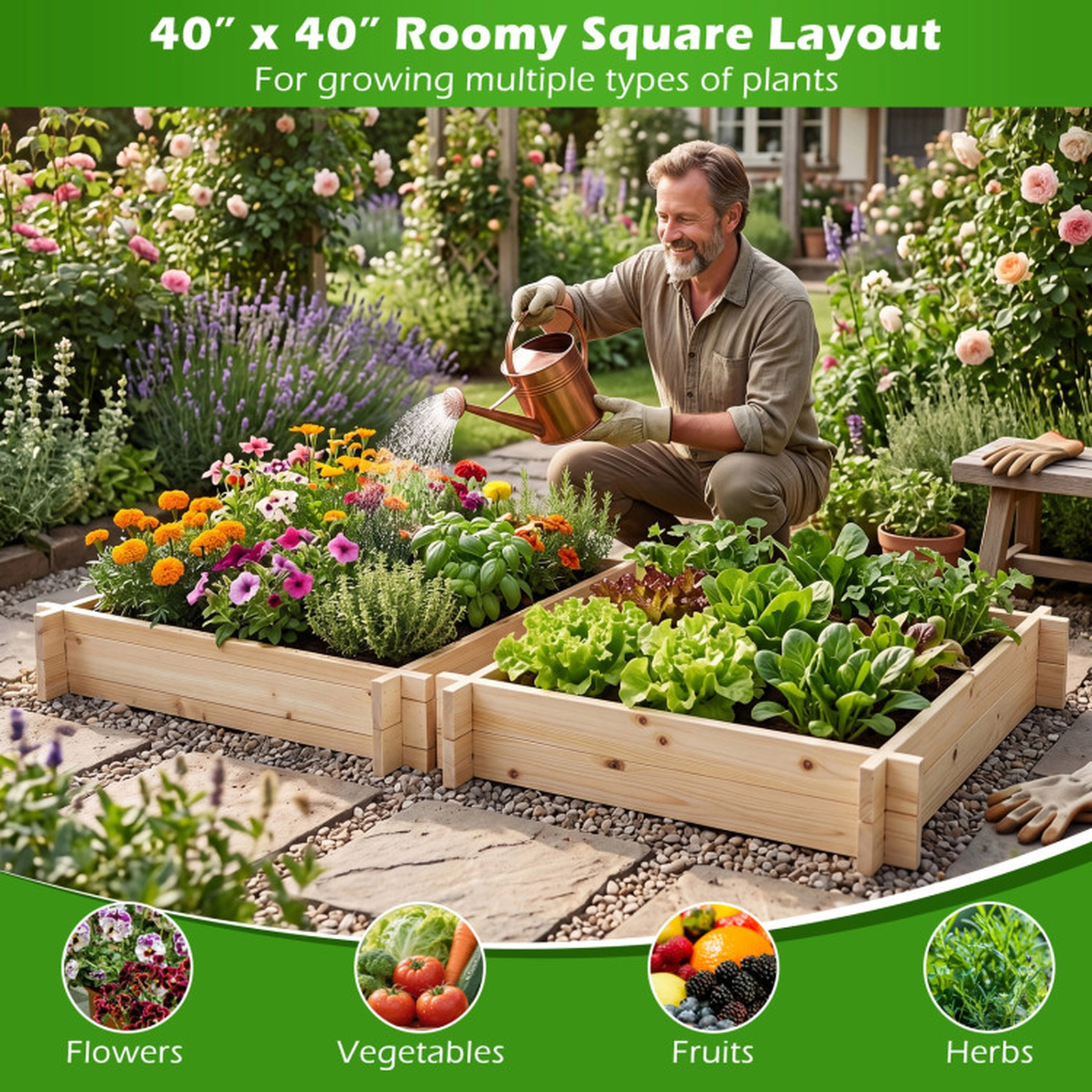 SUGIFT 39.5 x 39.5-in Square Wooden Raised Garden Bed Planter 6.5-in Deep Frame 7.5-lb Net Weight 1-Pc Natural Fir Wood