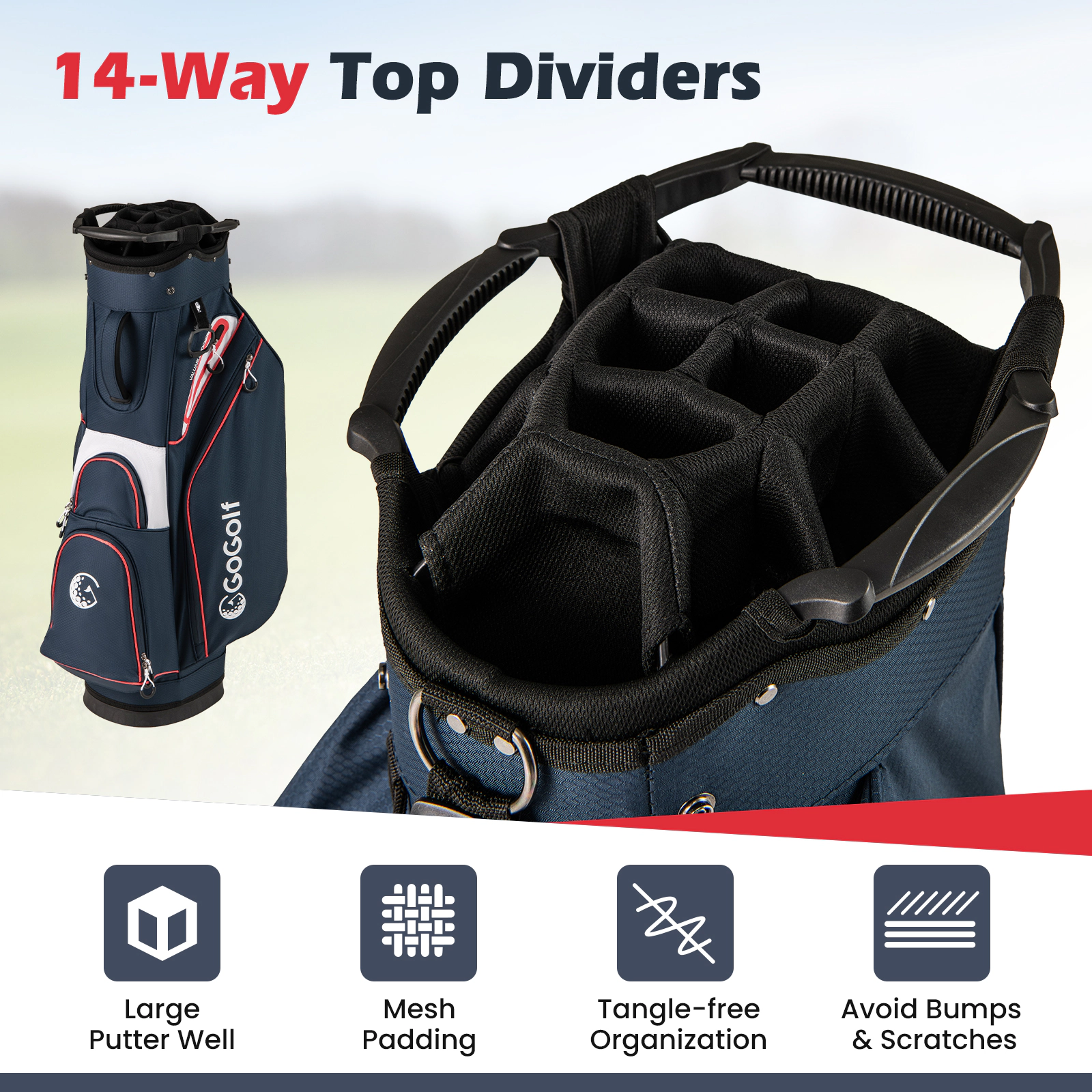SUGIFT Navy 14-Way Top Dividers 6 Pockets and Rain Hood Golf Cart Bag
