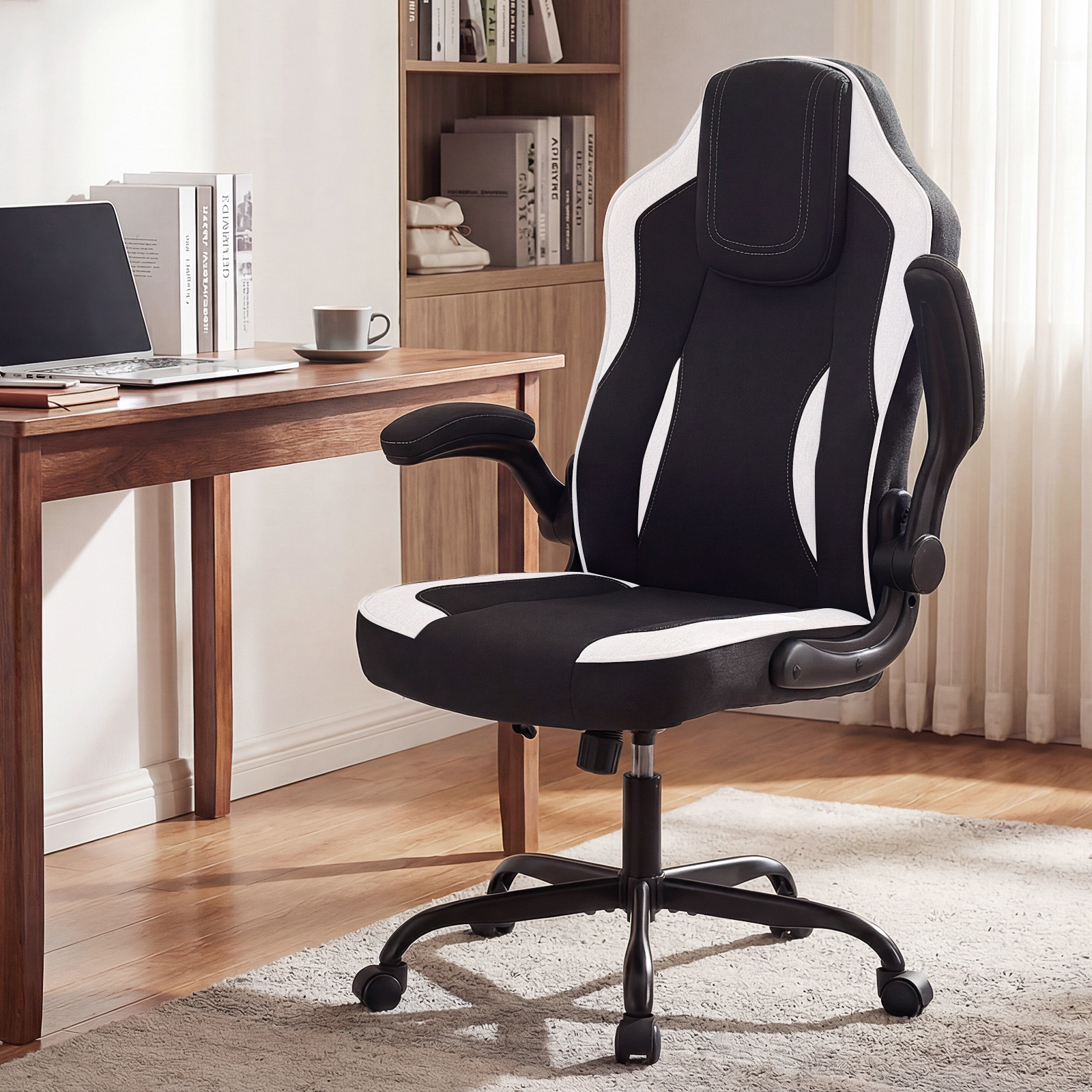 SUGIFT Ergonomic Linen Computer Office Chair with 90° Flip-up Armrests 275-Lb Capacity High Back White & Black