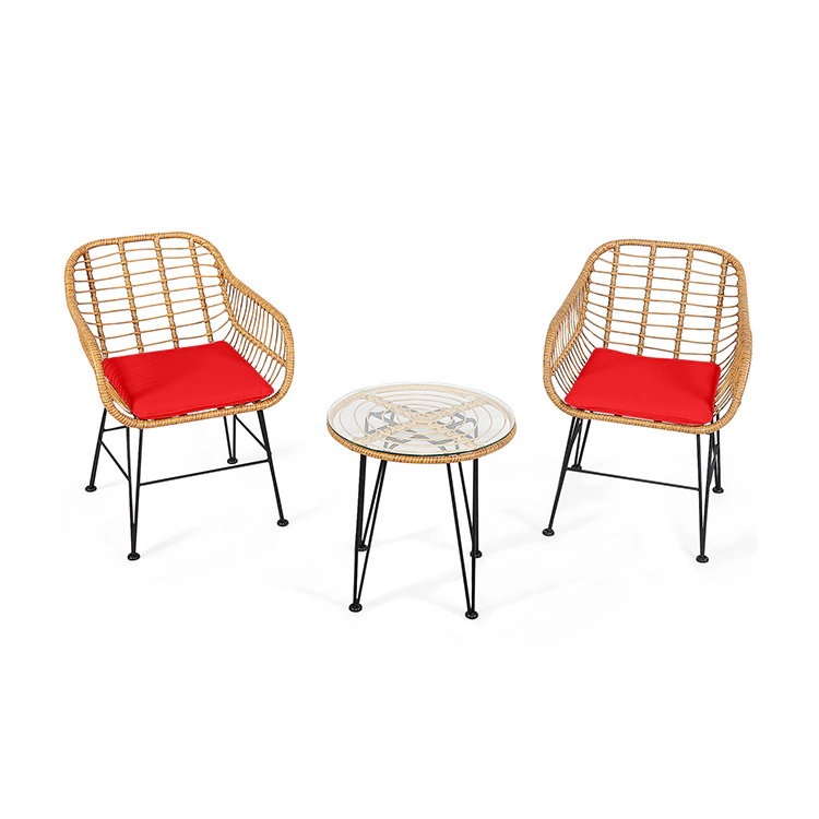 SUGIFT 3-Piece Red Wicker Patio Conversation Set with Cushions and Round Tempered Glass Table