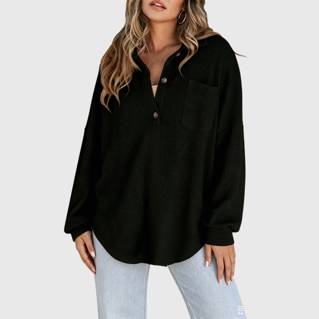 YesFashion Women Waffle Knit Henley Shirts Long Sleeve V Neck Solid Color Casual Tunic Tops