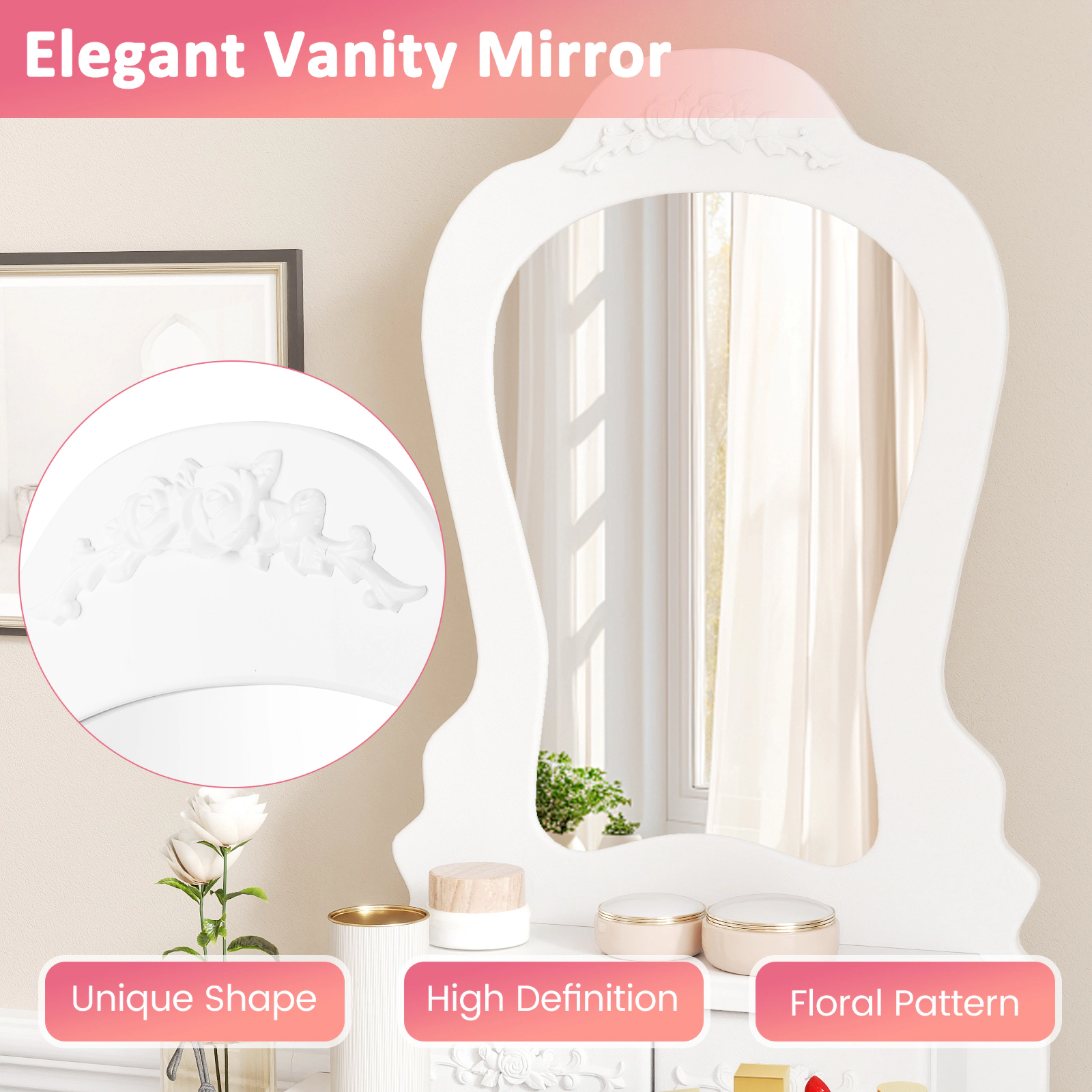 SUGIFT Narrow Makeup Vanity Table with Fan-Shaped Mirror, 3 Drawers and Cushioned Stool