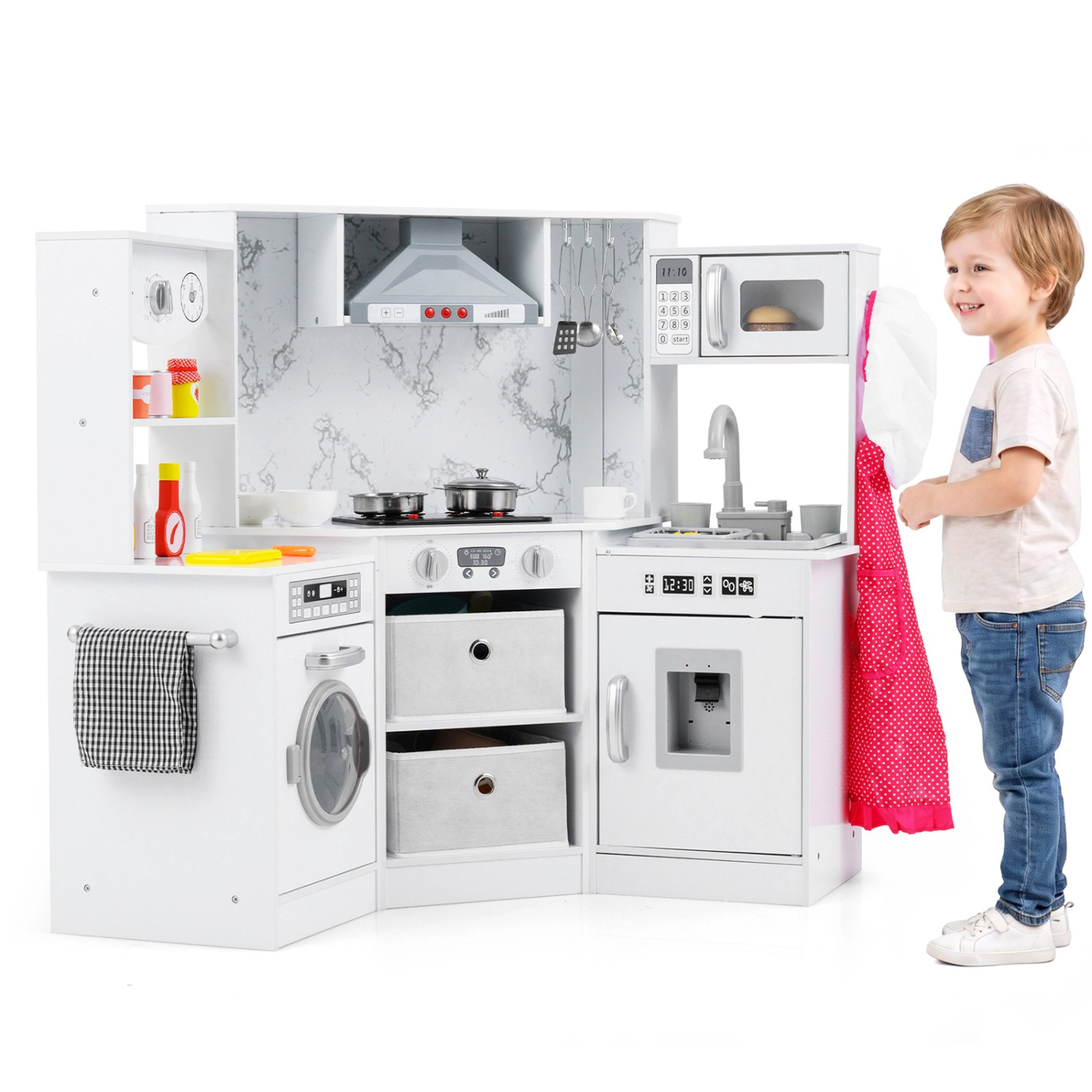 SUGIFT Wooden Kids Play Kitchen Playset White 40 in with Lights Sounds and Water Circulation