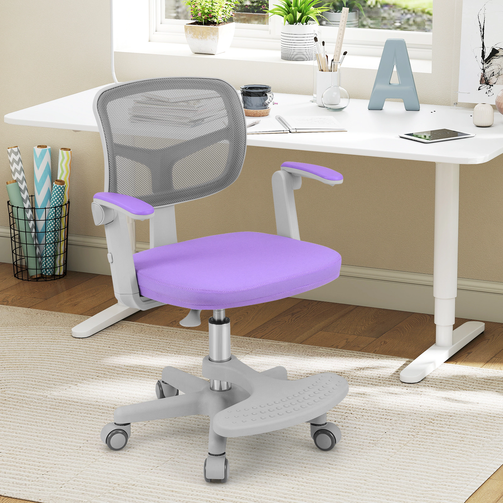 SUGIFT Purple Kids Ergonomic Desk Chair with Adjustable Footrest and Flip-Up Arms